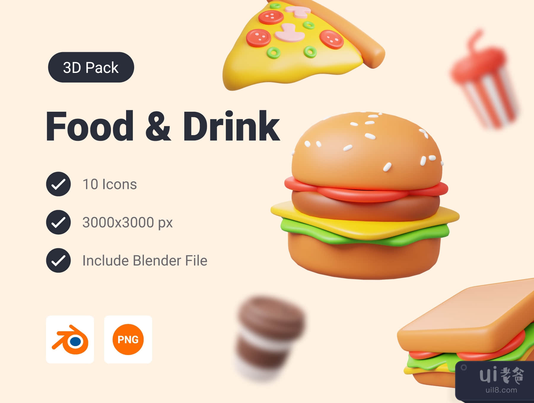 食品和饮料3D图标包 (Food and Drink 3D Icon Pack)插图