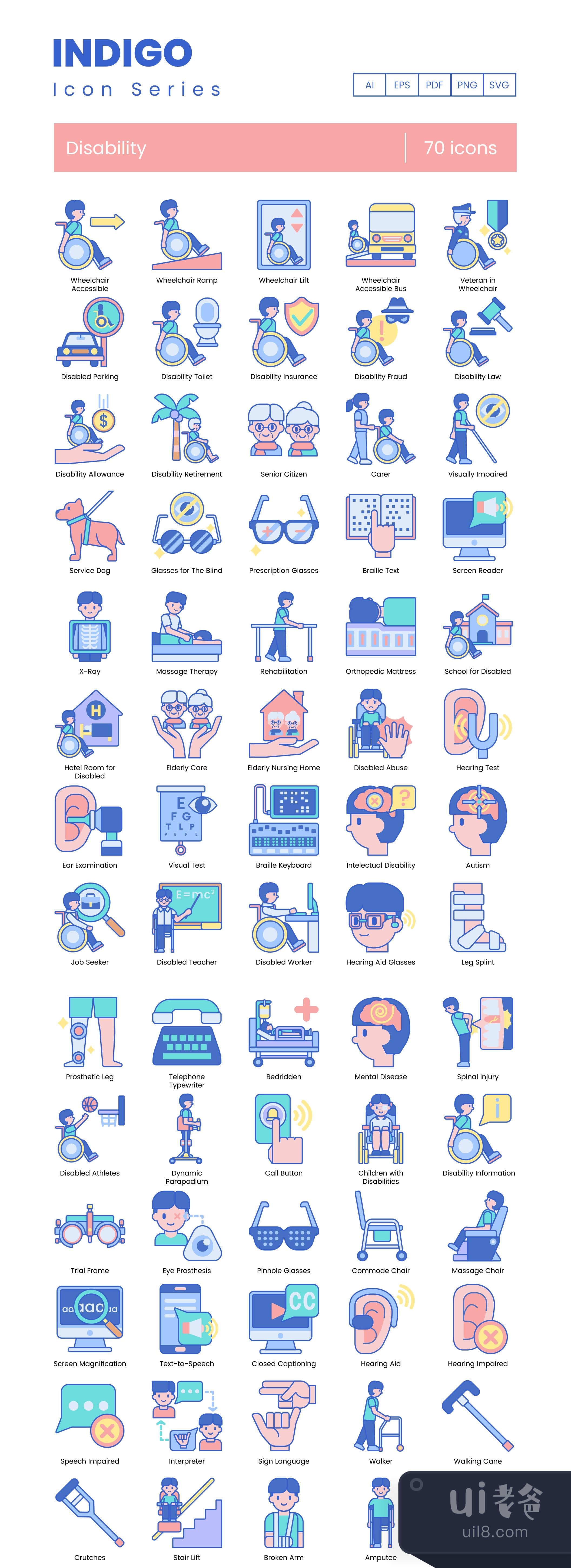 70个残疾人图标靛蓝系列 (70 Disability Icons  Indigo Series)插图1