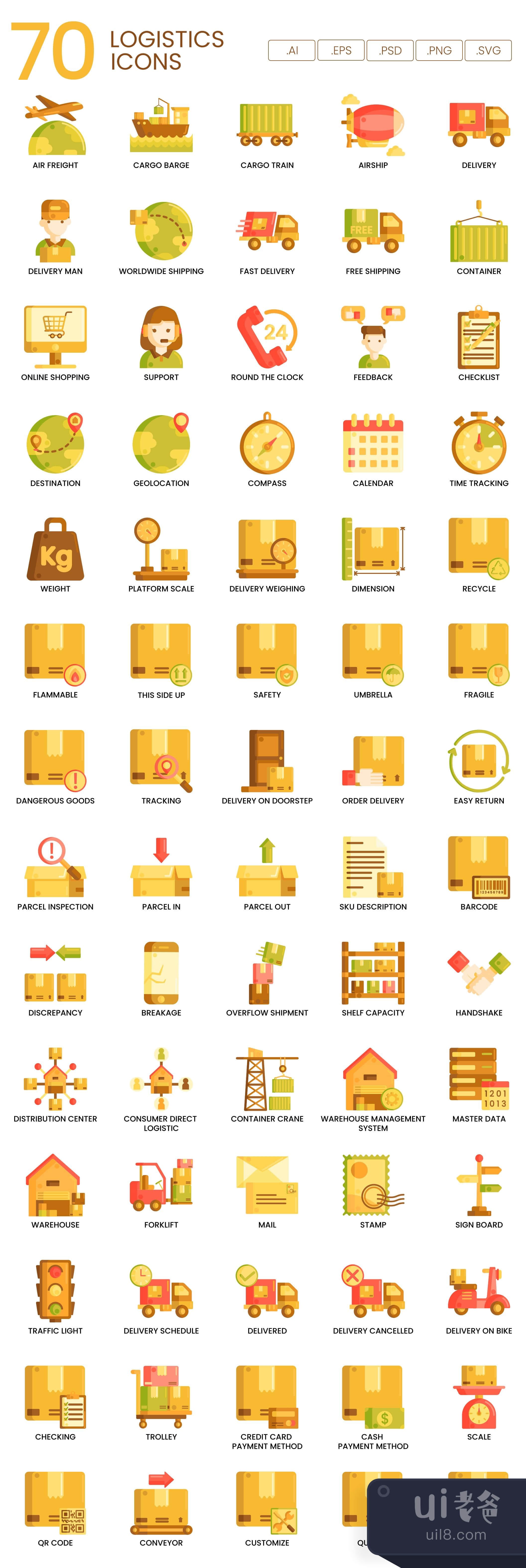 70个物流图标焦糖系列 (70 Logistics Icons  Caramel Series)插图1