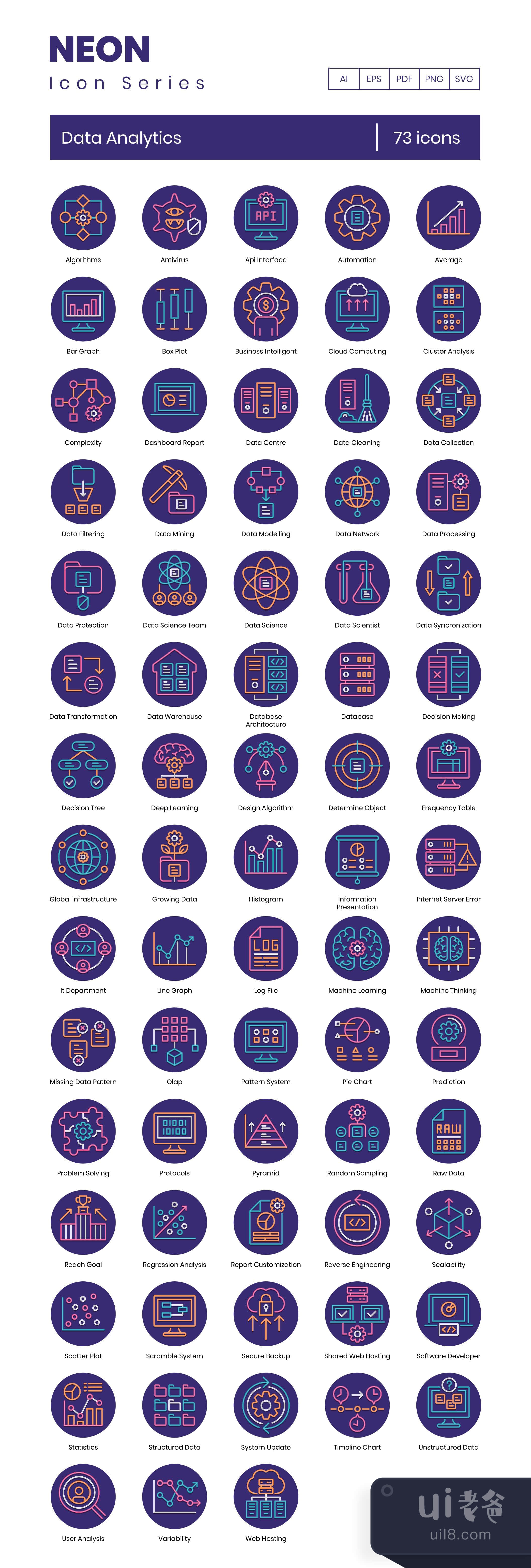 73个数据分析图标霓虹灯系列 (73 Data Analytics Icons Neon Serie插图1