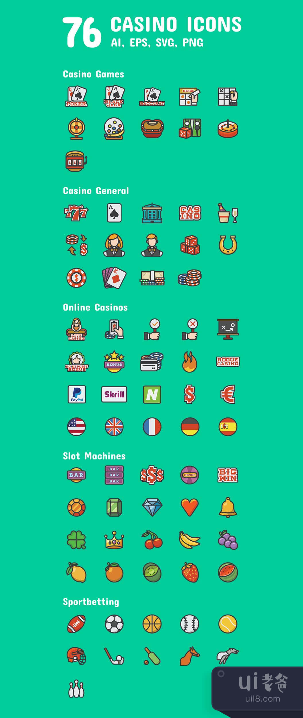 76个赌场图标 (76 Casino Icons)插图