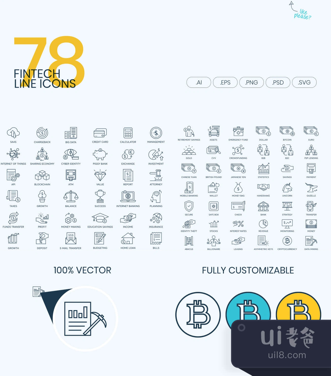 78个金融技术线条图标 (78 Fintech Line Icons)插图1