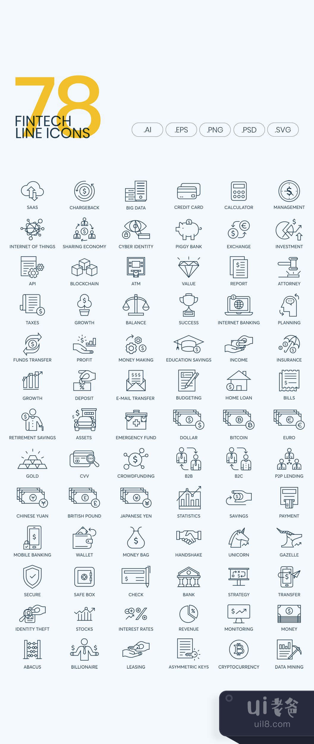 78个金融技术线条图标 (78 Fintech Line Icons)插图