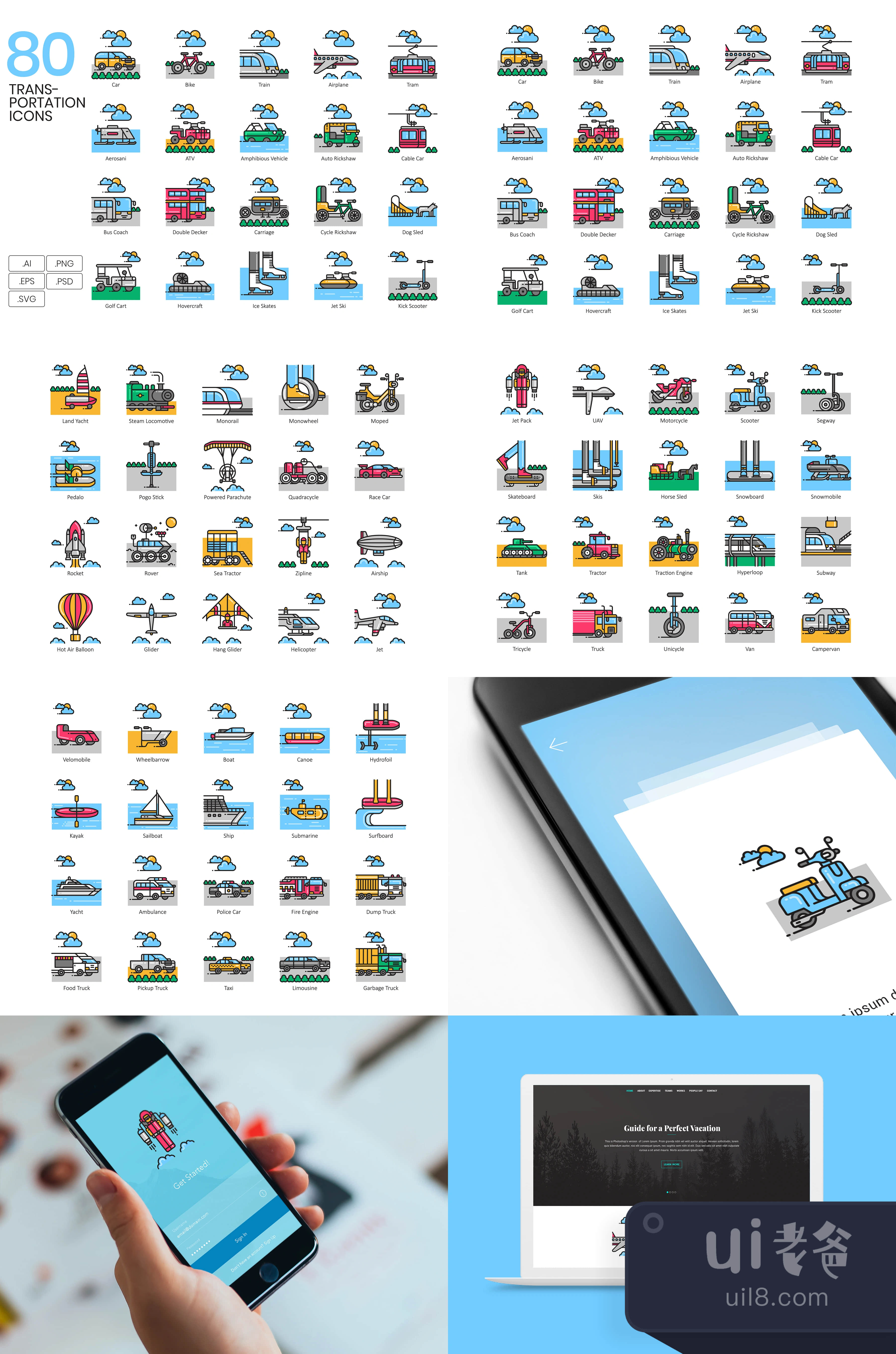80个交通图标美学系列 (80 Transportation Icons  Aesthetic Se插图