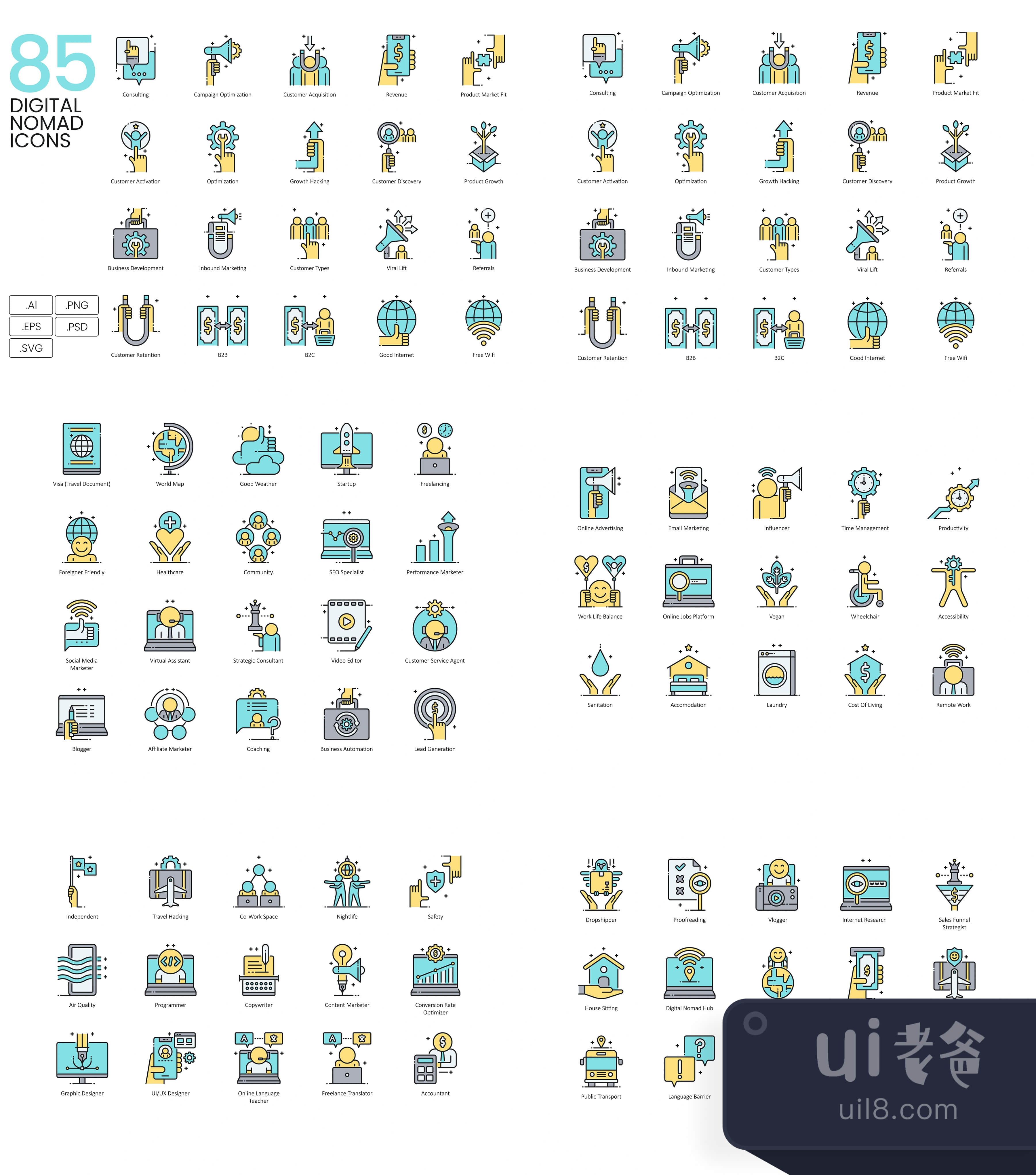 85个数字游民图标 水系列 (85 Digital Nomad Icons  Aqua Series插图1