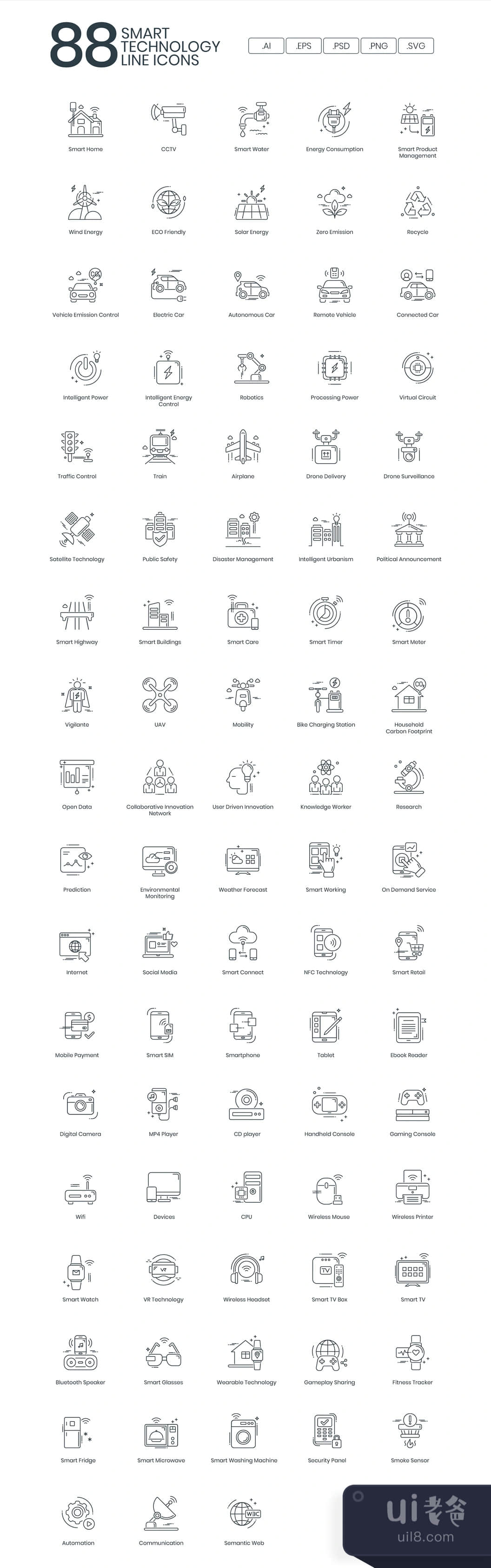 88个智能技术线条图标 (88 Smart Technology Line Icons)插图1