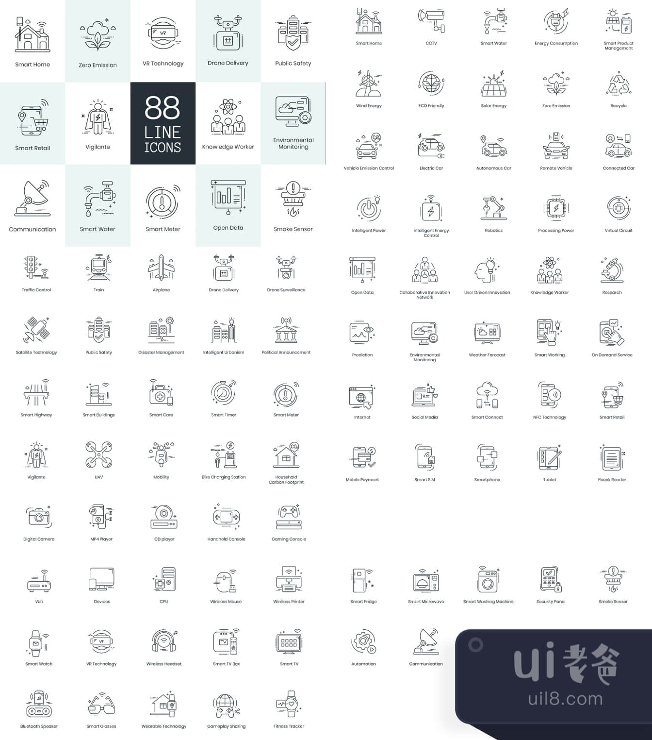 88个智能技术线条图标 (88 Smart Technology Line Icons)插图