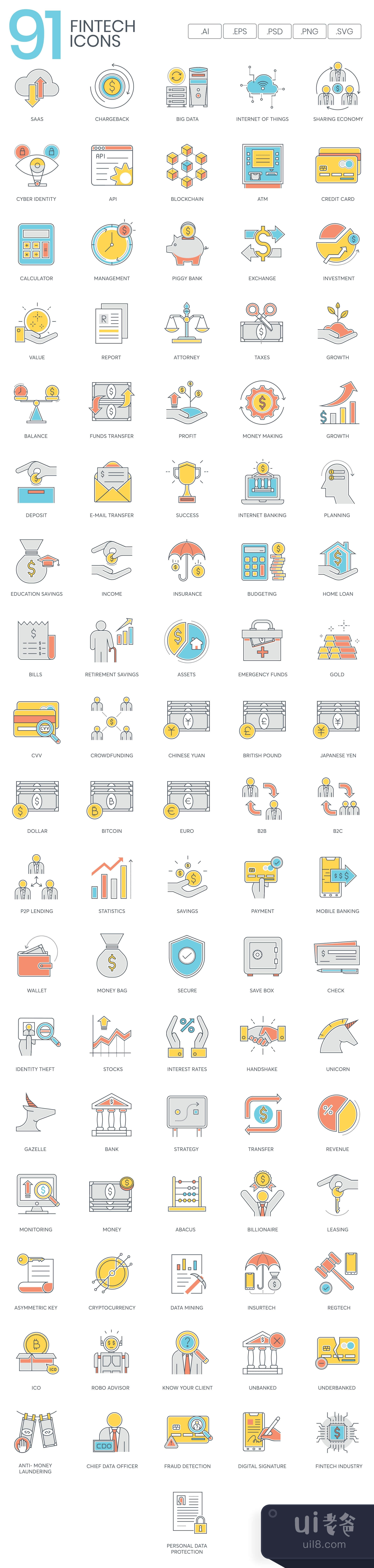 91个金融科技彩色线条图标 (91 Fintech Color Line Icons)插图