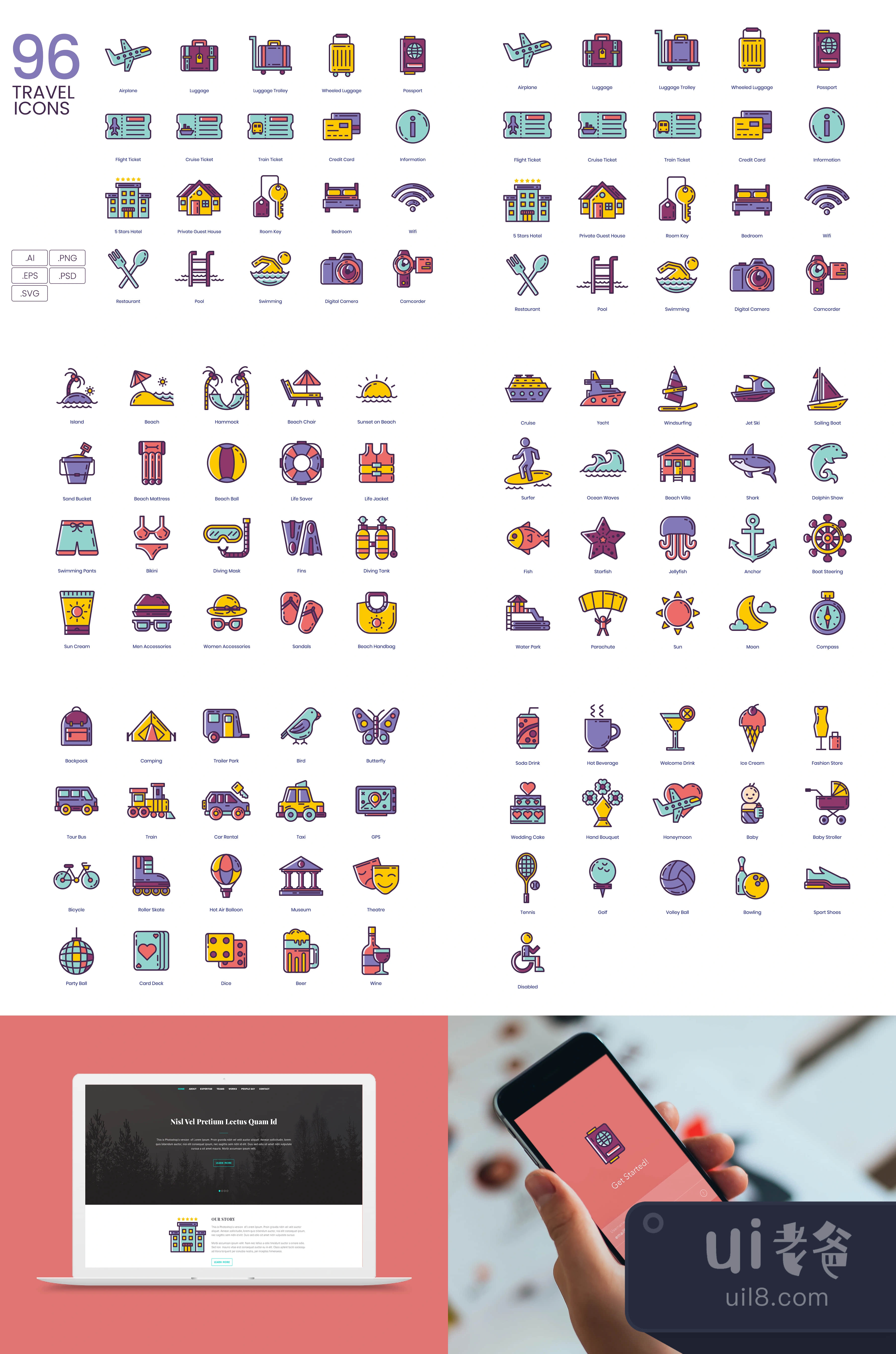 96个旅游图标丁香系列 (96 Travel Icons  Lilac Series)插图1