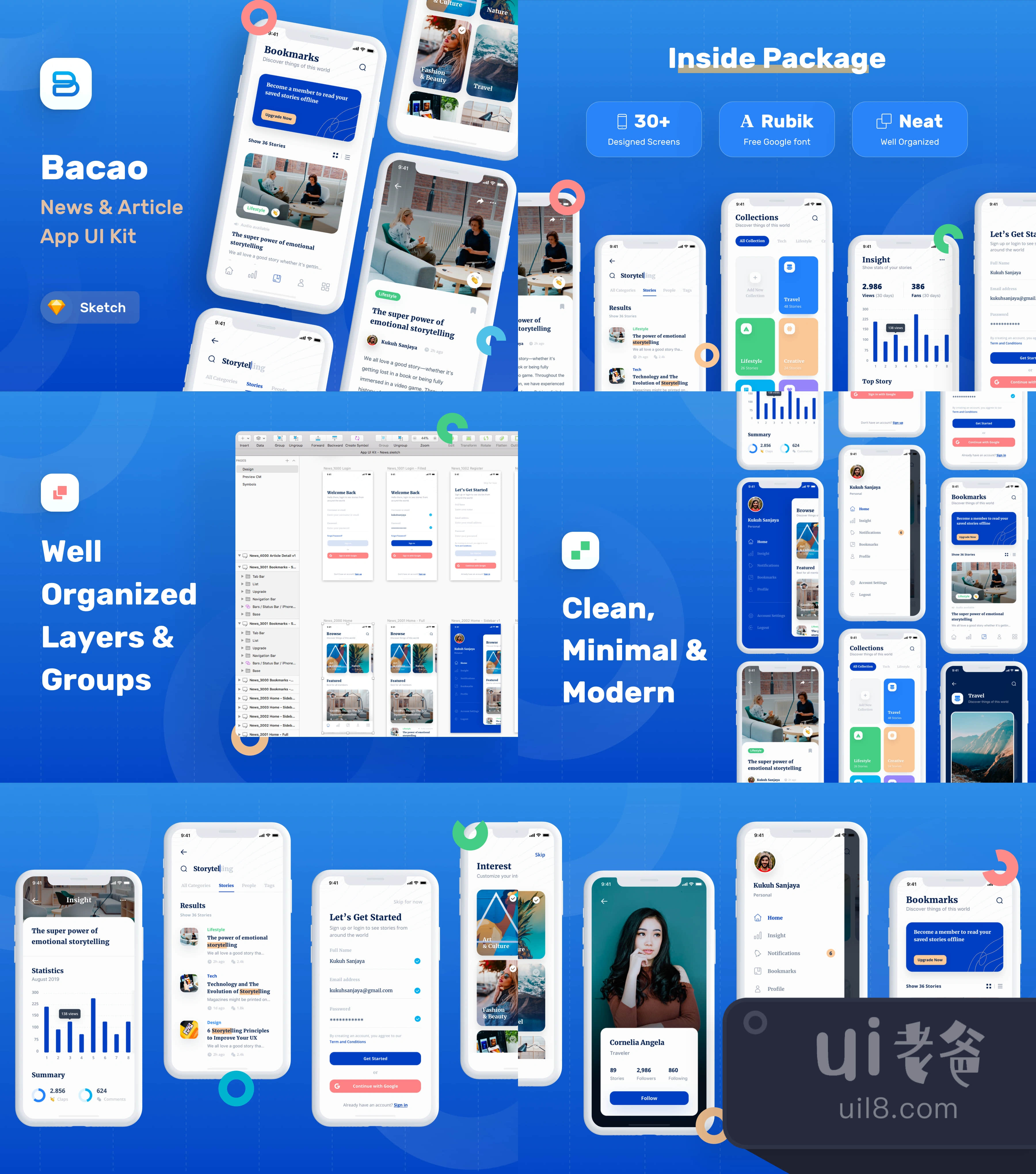 百草味新闻和读者应用UI包 (Bacao News and Reader App UI Kit)插图1