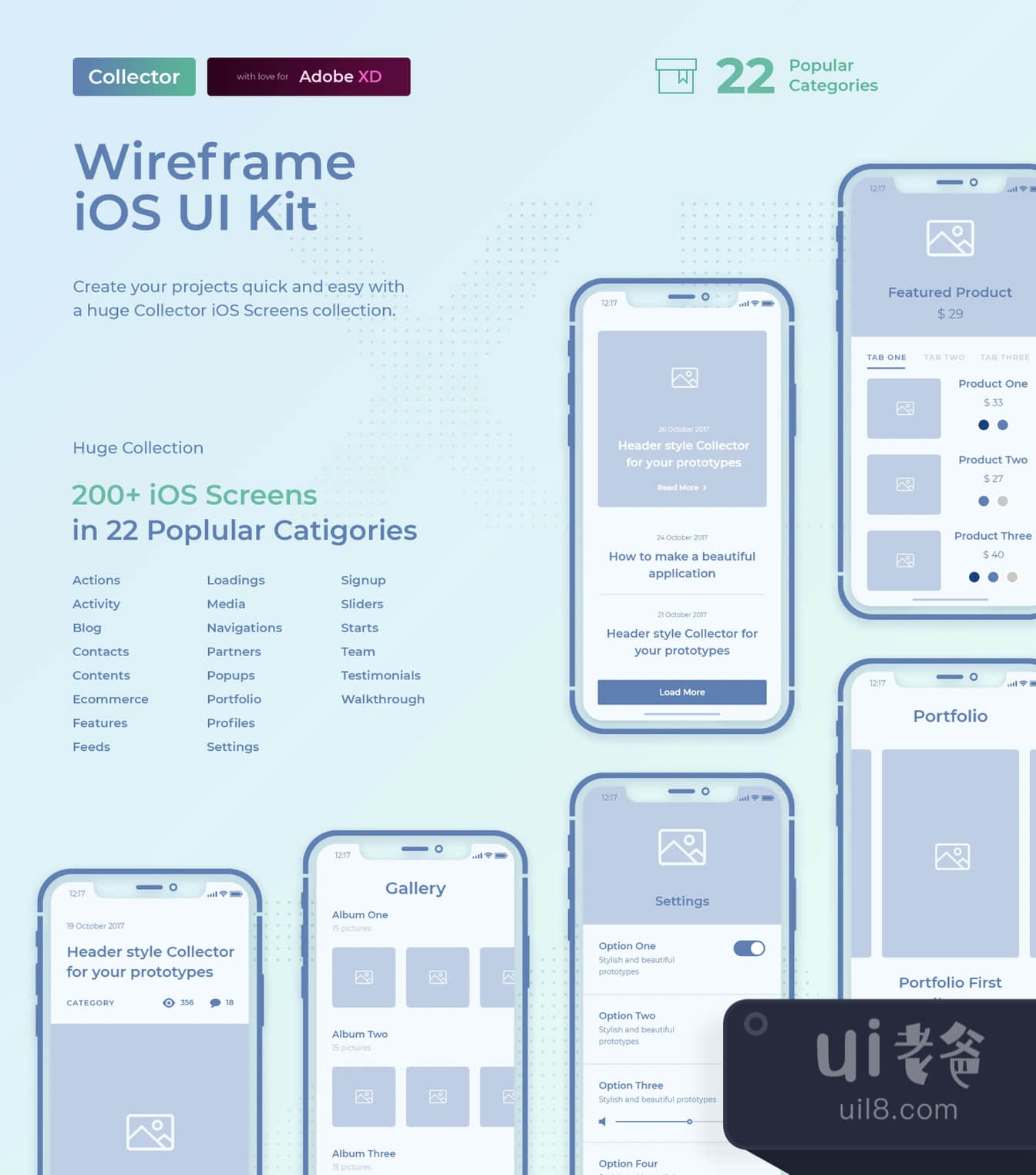 收集器iOS线框UI套件 (Collector iOS Wireframe UI Kit)插图