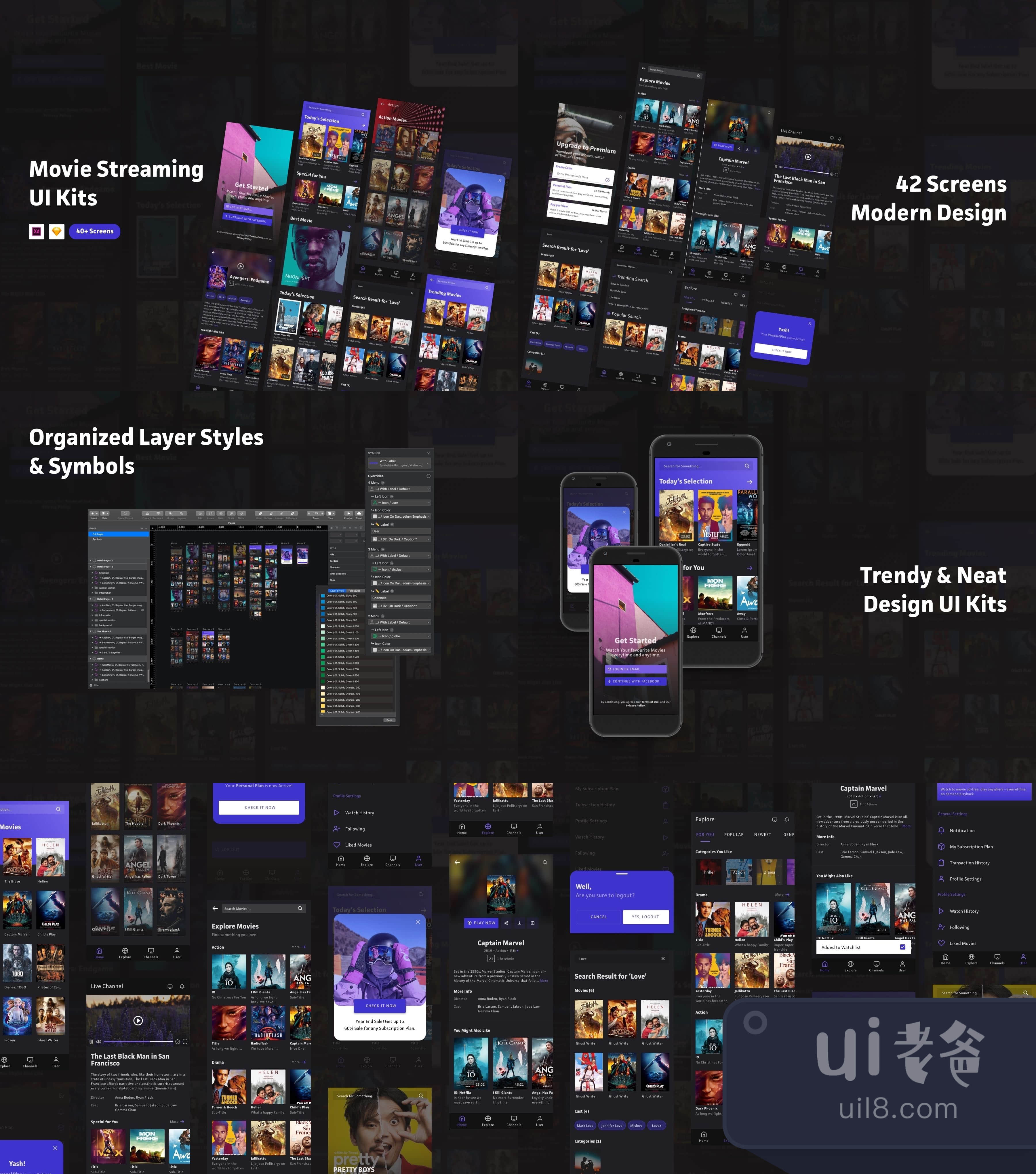 电影流媒体应用程序UI套件 (Movie Streaming App UI Kits)插图1