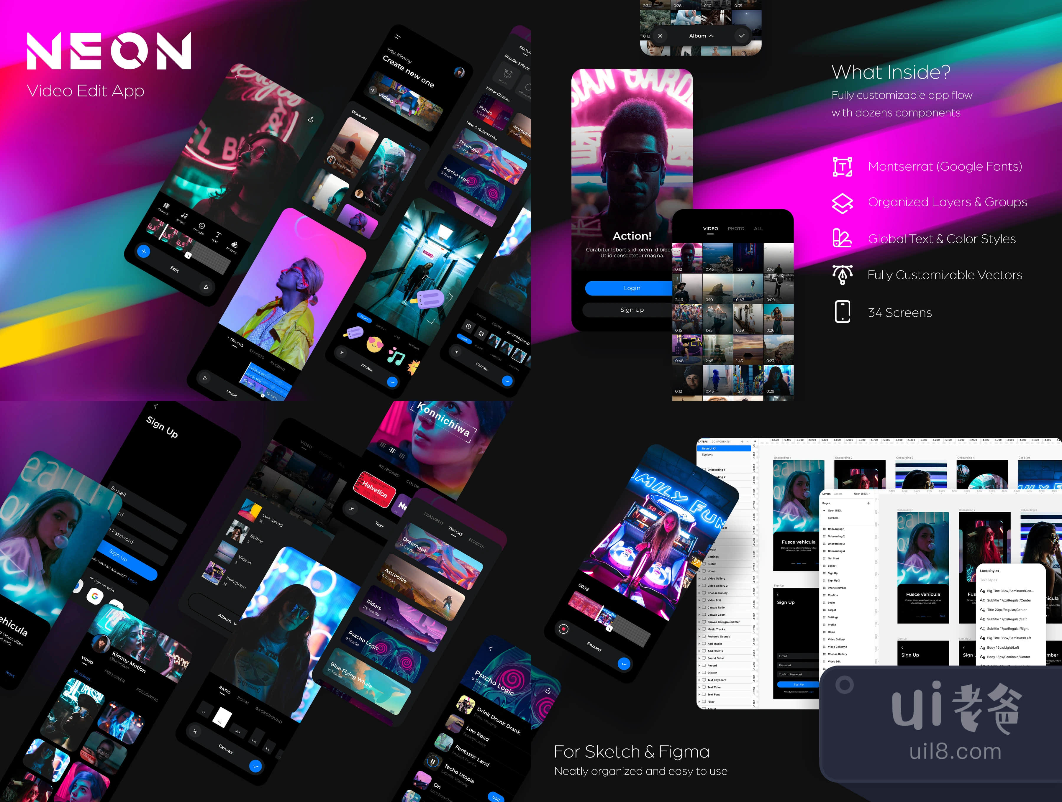 霓虹灯视频编辑应用UI包 (Neon Video Edit App UI Kit)插图1