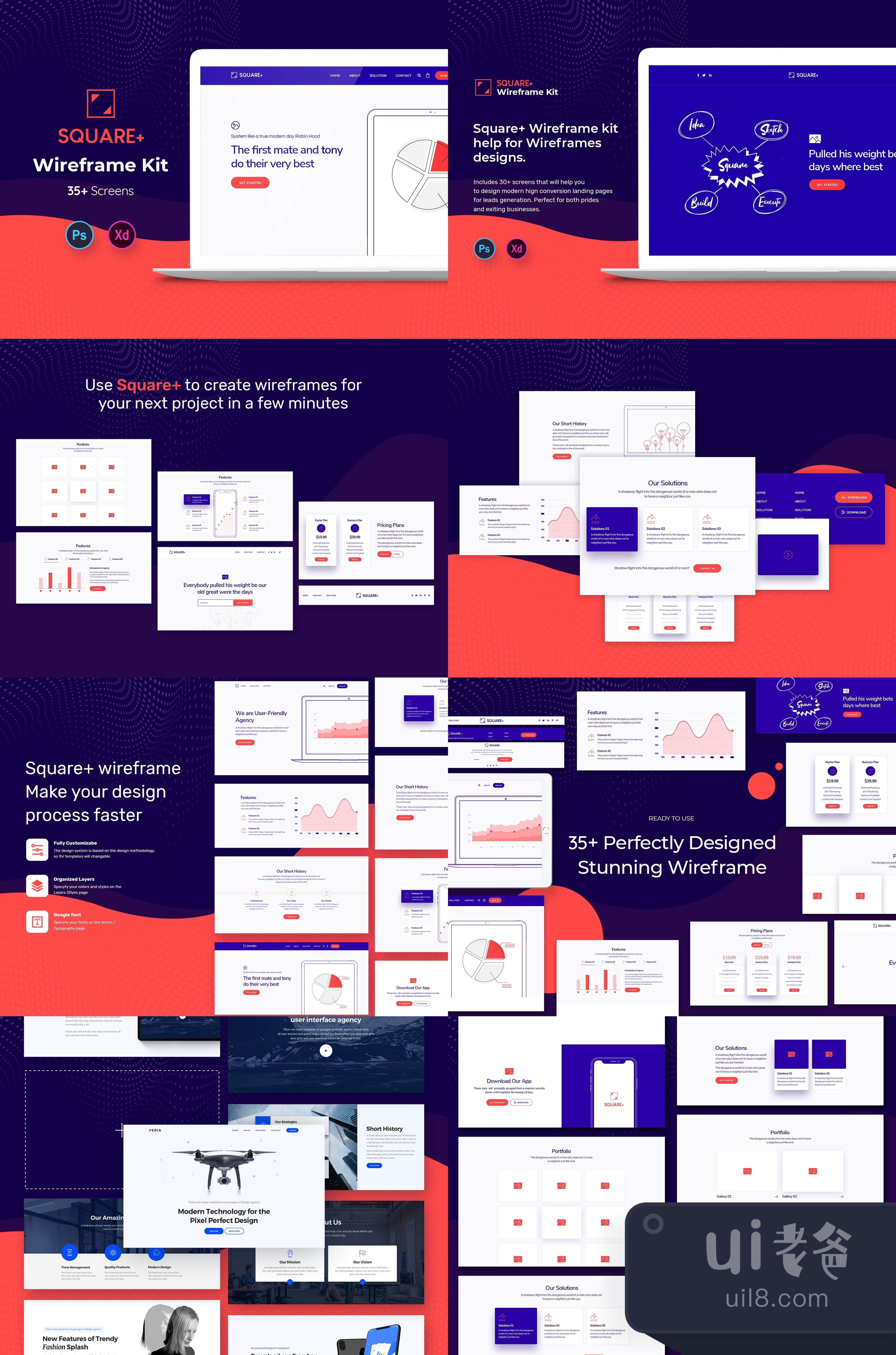 方形网页线框套件 (Square Web Wireframe Kit)插图1