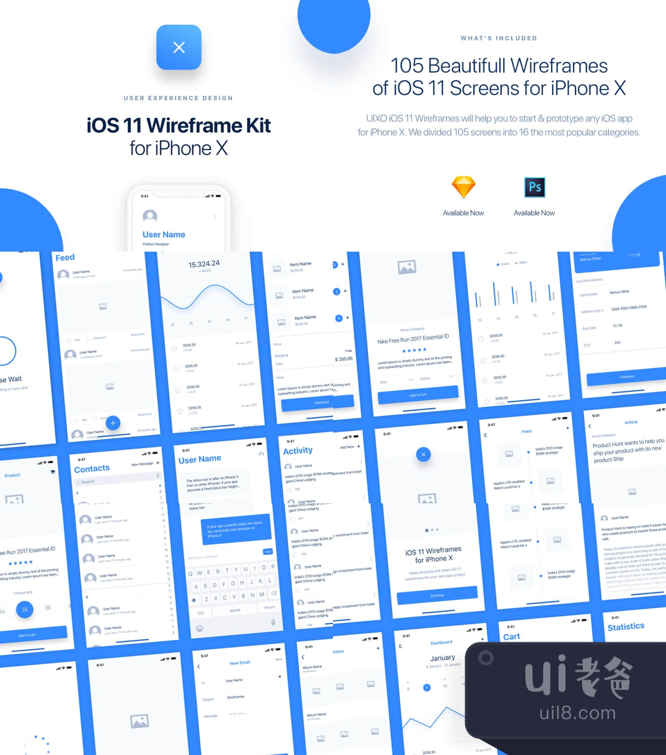 UIXO iOS 11线框套件 (UIXO iOS 11 Wireframe Kit)插图1