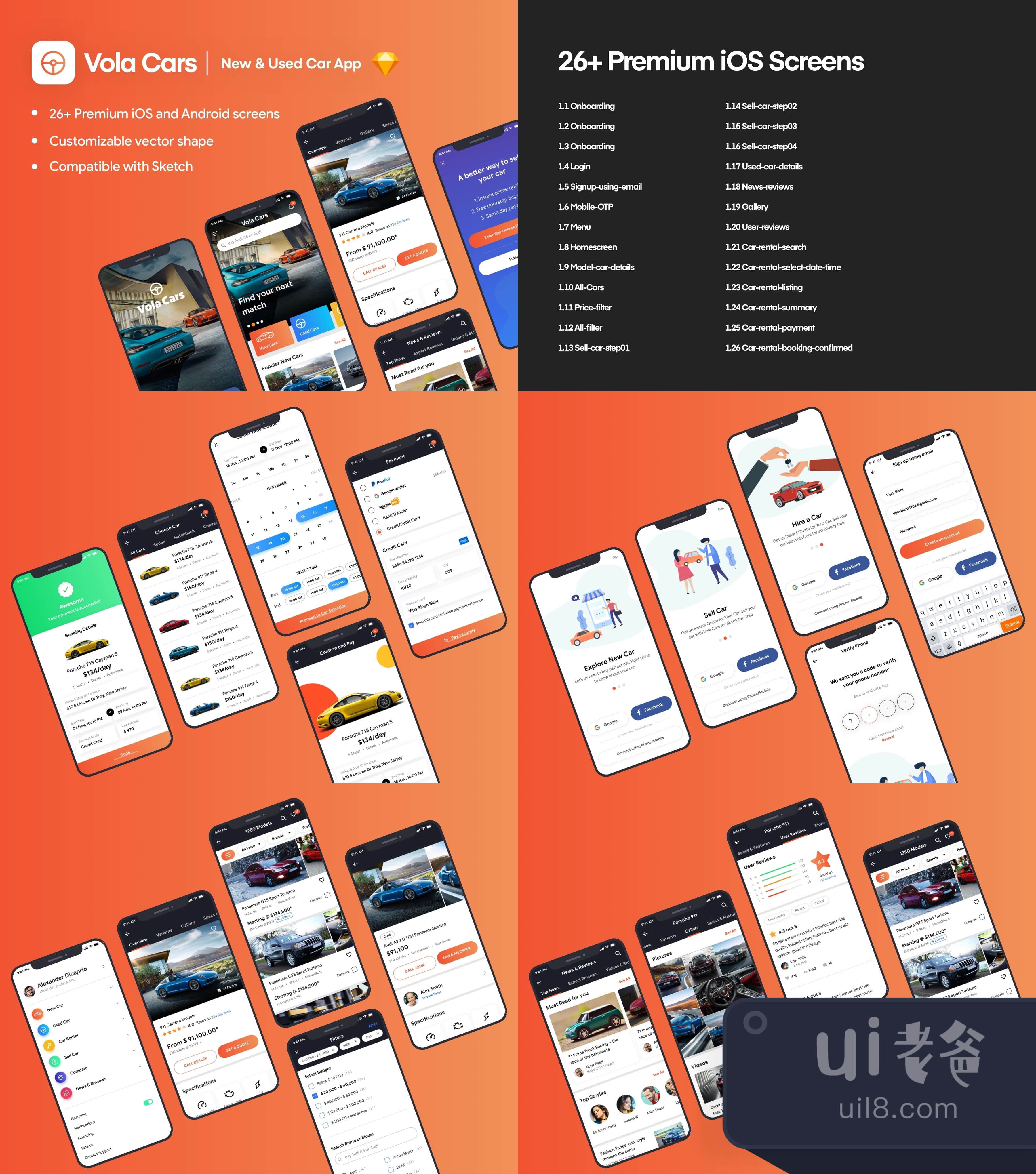 沃拉汽车高级iOS应用UI包草图 (Vola Cars Premium iOS App UI Kit插图1