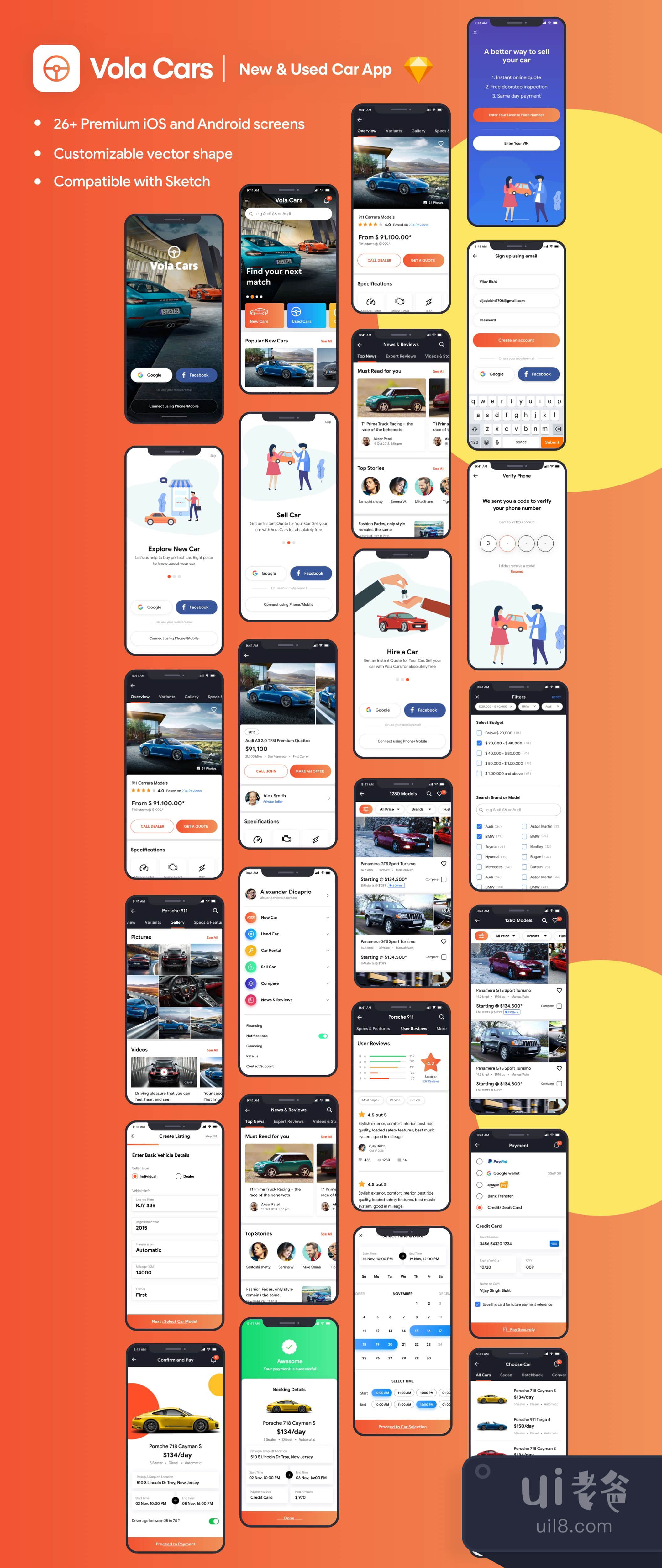 沃拉汽车高级iOS应用UI包草图 (Vola Cars Premium iOS App UI Kit插图