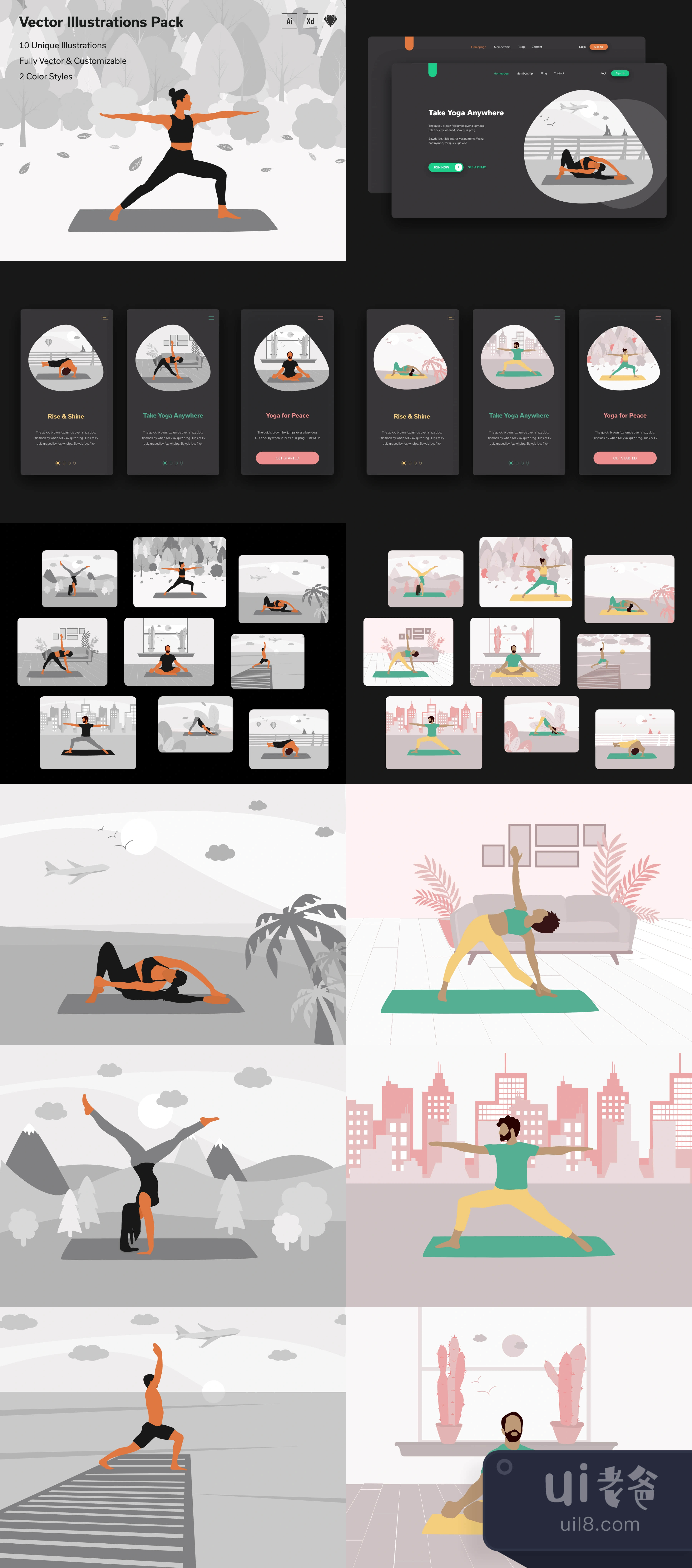瑜伽锻炼的矢量插图--2种颜色风格 (Yoga  Workout Vector Illustrati插图1