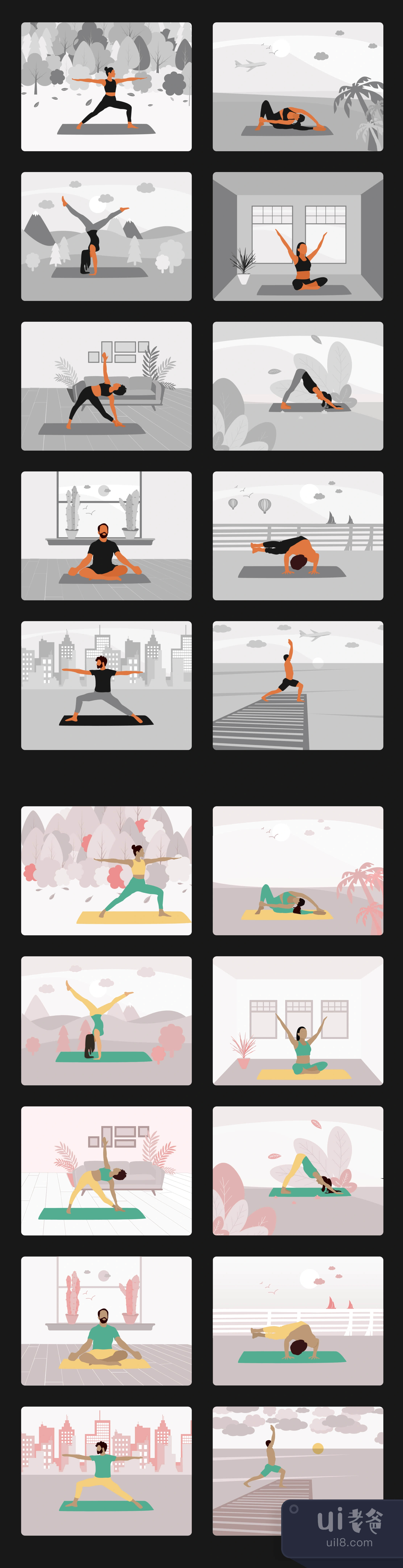 瑜伽锻炼的矢量插图--2种颜色风格 (Yoga  Workout Vector Illustrati插图
