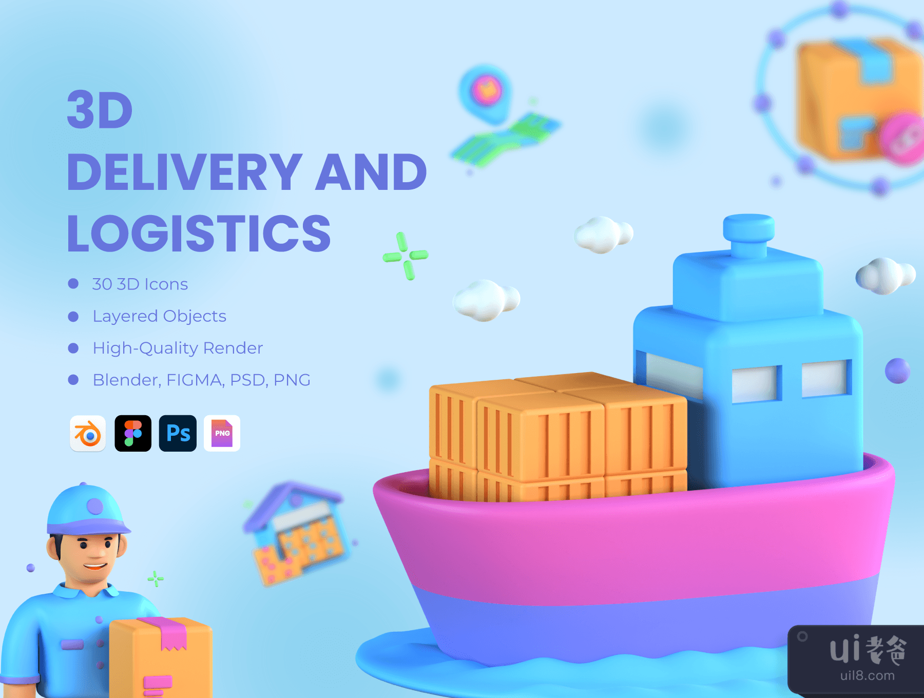 30个3D航运物流图标 (30 3D Shipping Logistics Icons)插图
