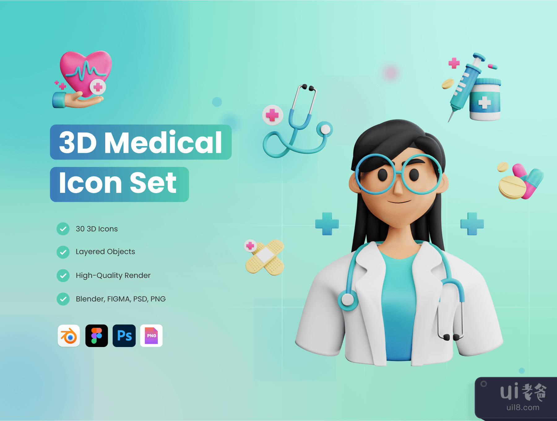 30个3D医疗和保健图标集 (30 3D Medical and Healthcare Icon Set)插图
