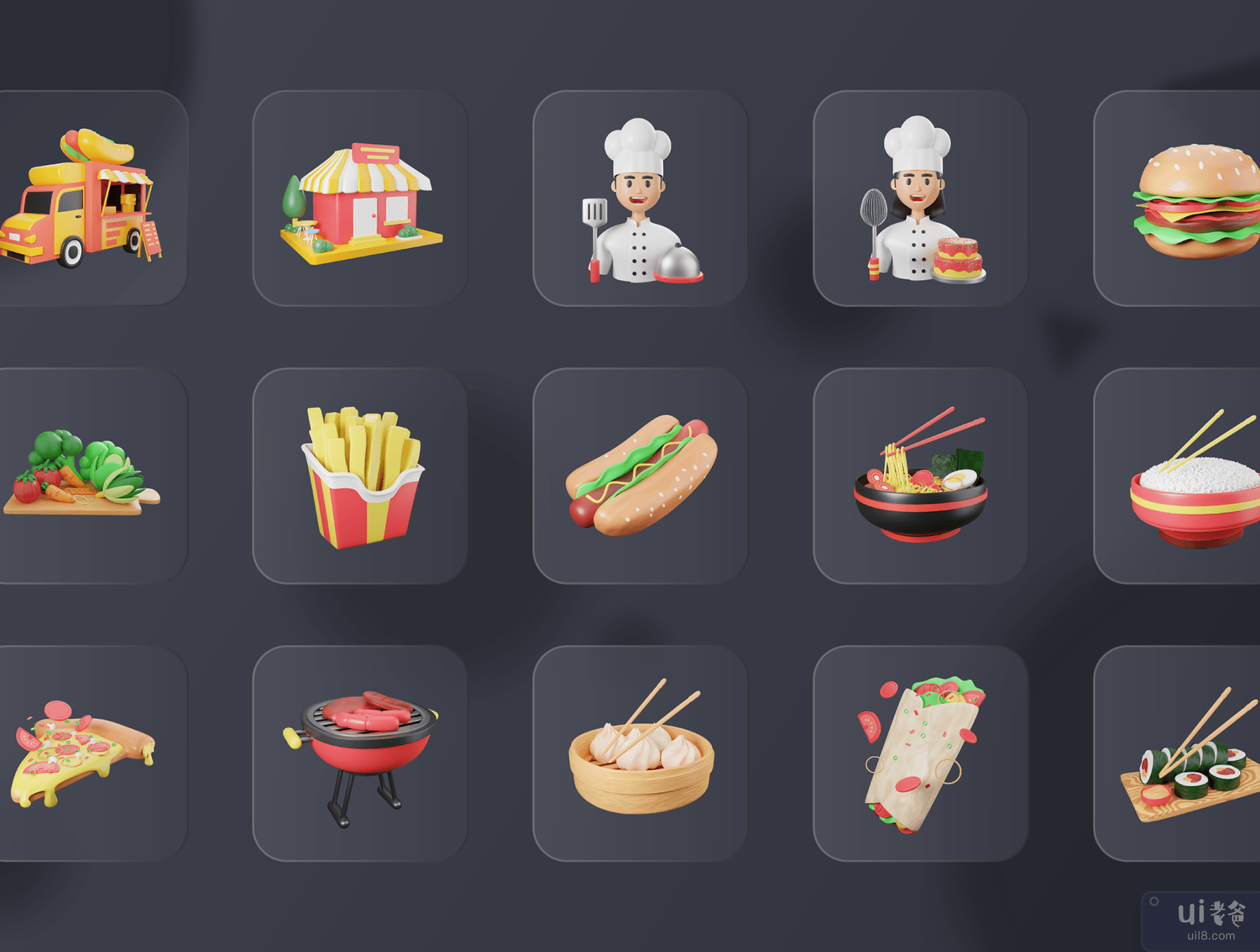 30 个 3D 食品和餐饮图标插图 (30 3D Food & Meals Icons Illustration)插图1