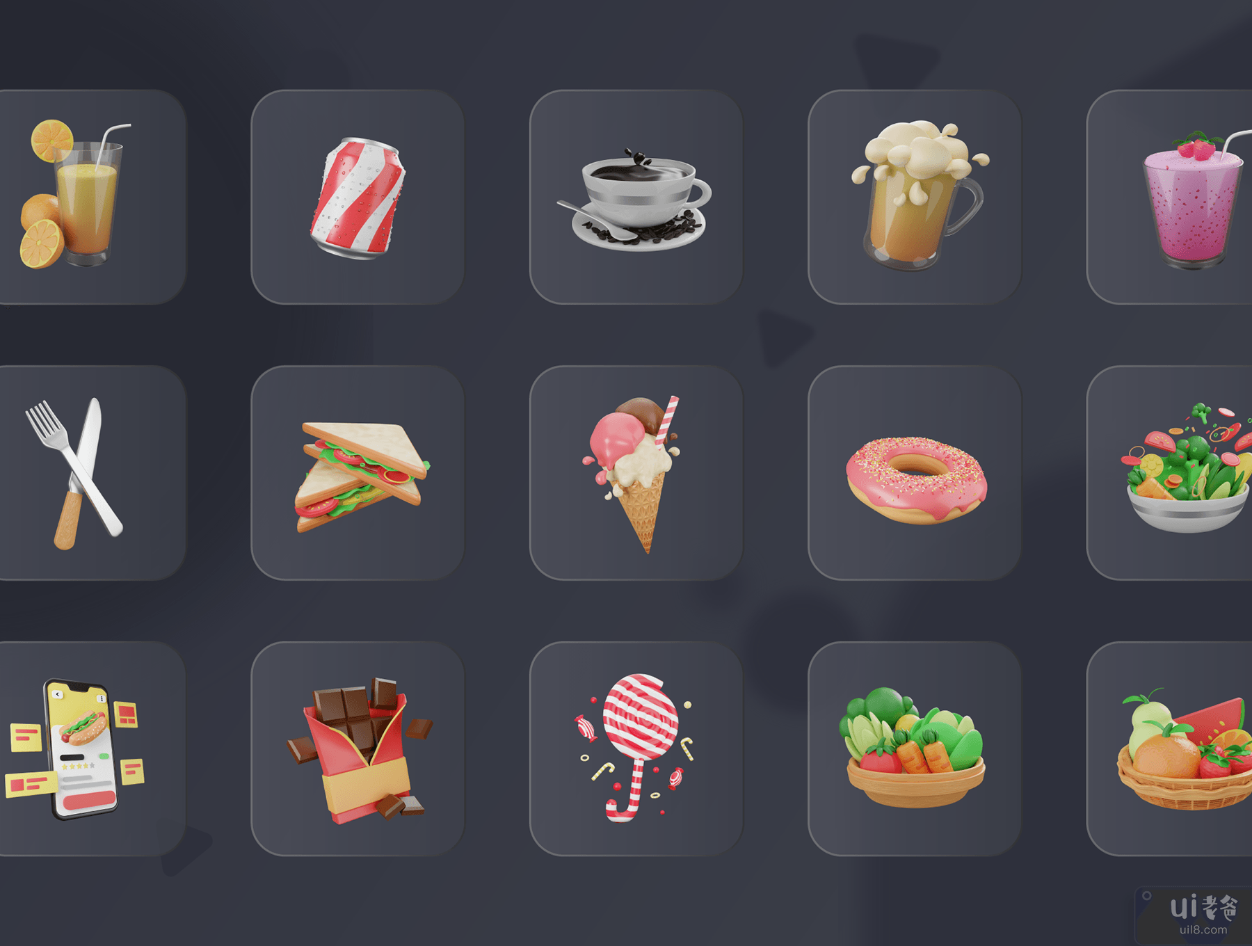30 个 3D 食品和餐饮图标插图 (30 3D Food & Meals Icons Illustration)插图