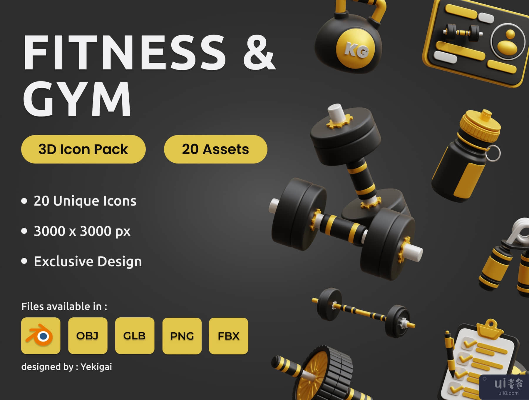 健身房 3D 图标包 (Fitness and Gym 3D Icon Pack)插图5