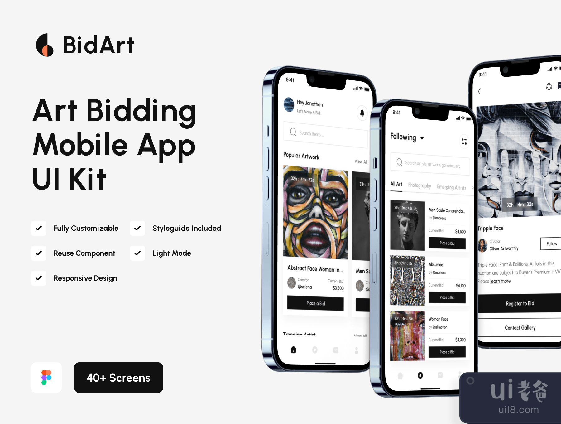 BidArt - 艺术品竞标移动应用UI套件 (BidArt - Art Bidding Mobile App UI Kit)插图2