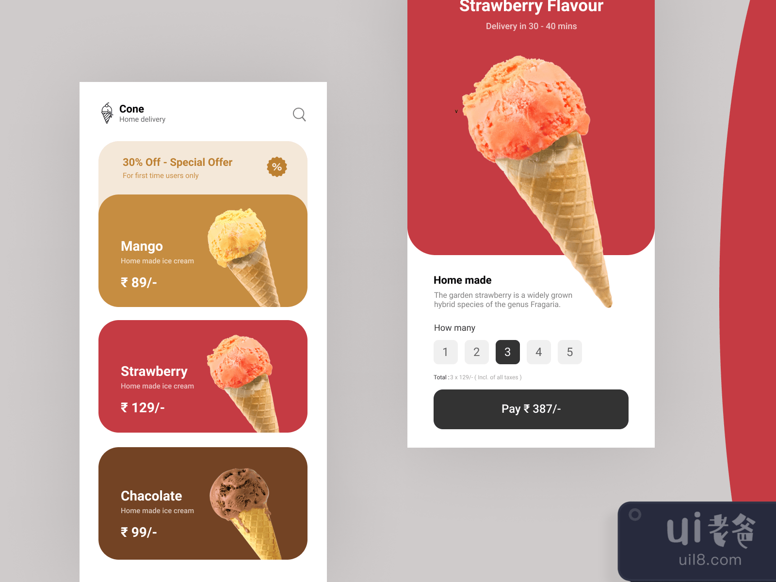 Cone Ice-Cream Delivery App UI Kit for Figma and Adobe XD No 2