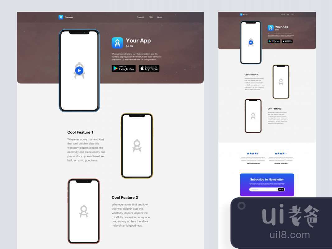 Mobile App Landing Page for Sketch for Figma and Adobe XD No 1