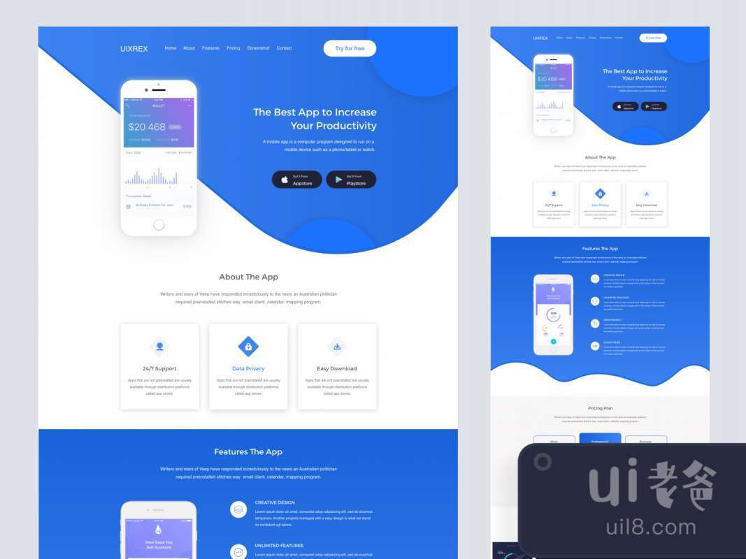 UIXREX App Landing Page for Figma and Adobe XD No 1
