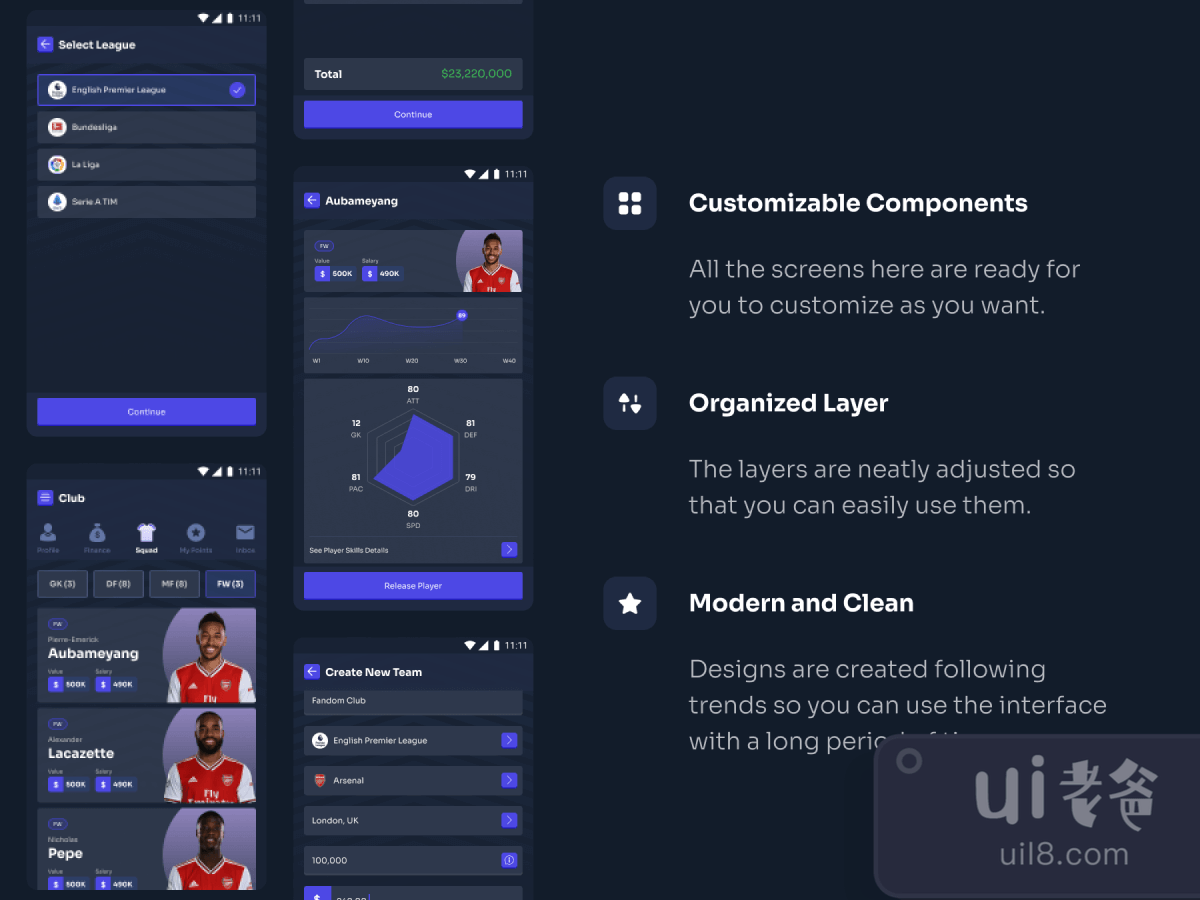 Football Manager Game UI Kit for Figma and Adobe XD No 1