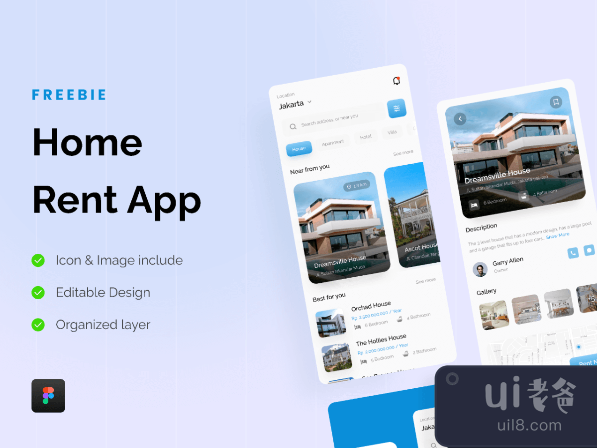 Home Rent App UI Design for Figma and Adobe XD No 1