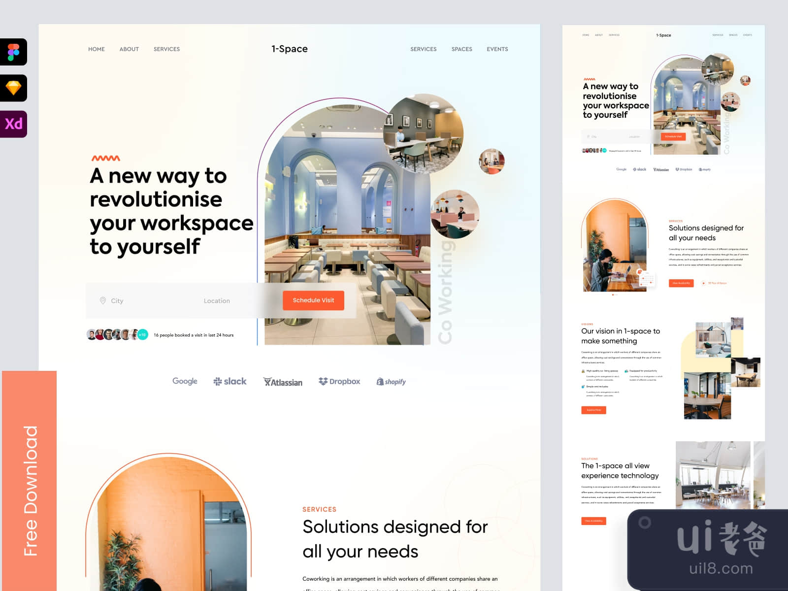 Landing page for co-working space for Figma and Adobe XD No 1