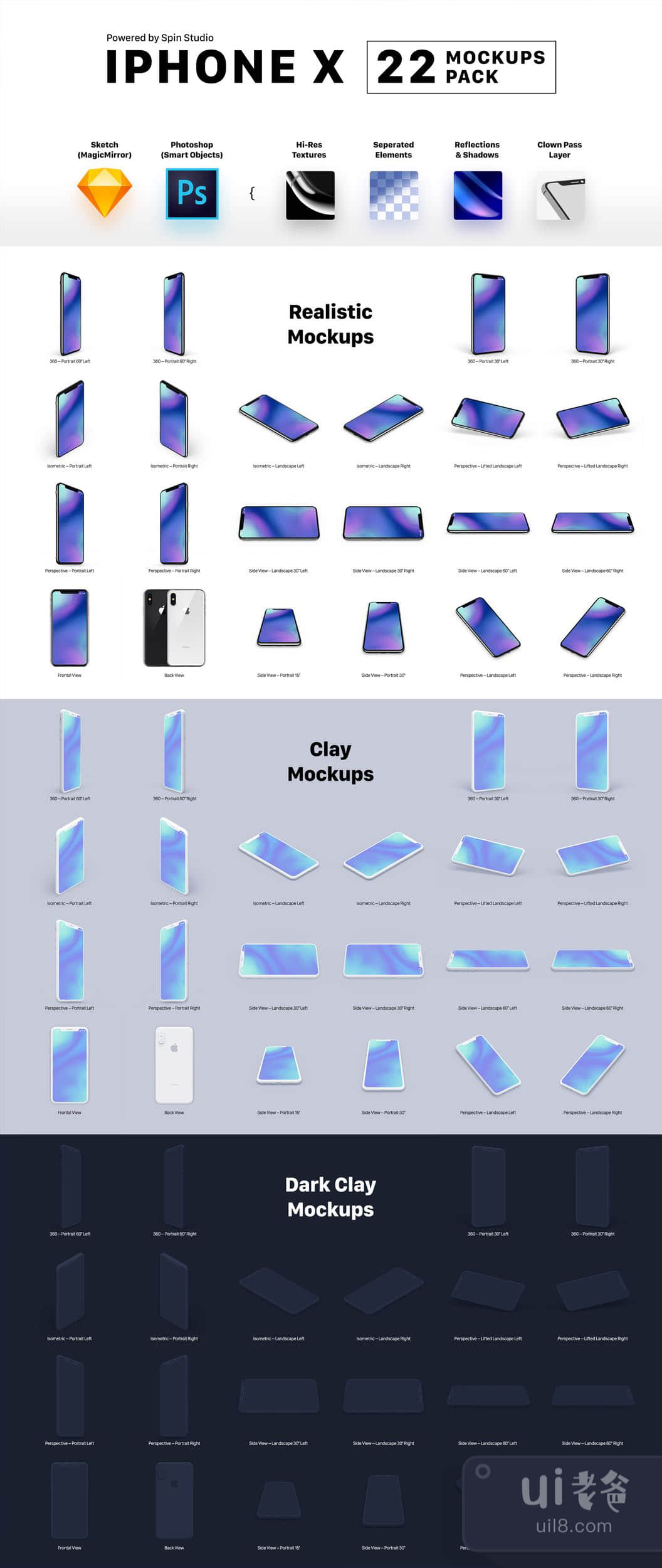iPhone X 22个模型包 (iPhone X 22 Mockups Pack)插图1