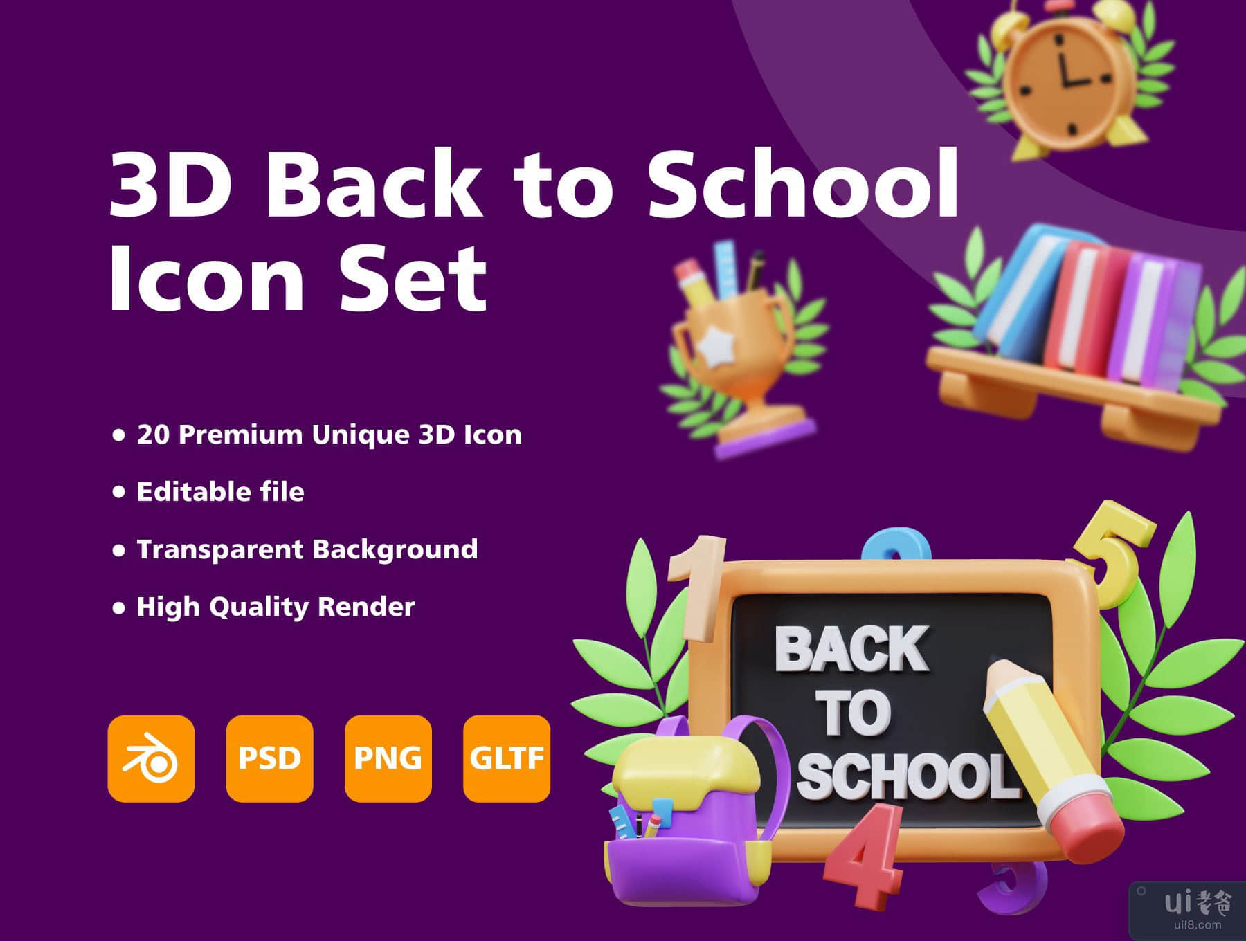 三维返校物品图标集 (3D Back to School Item icon set)插图5