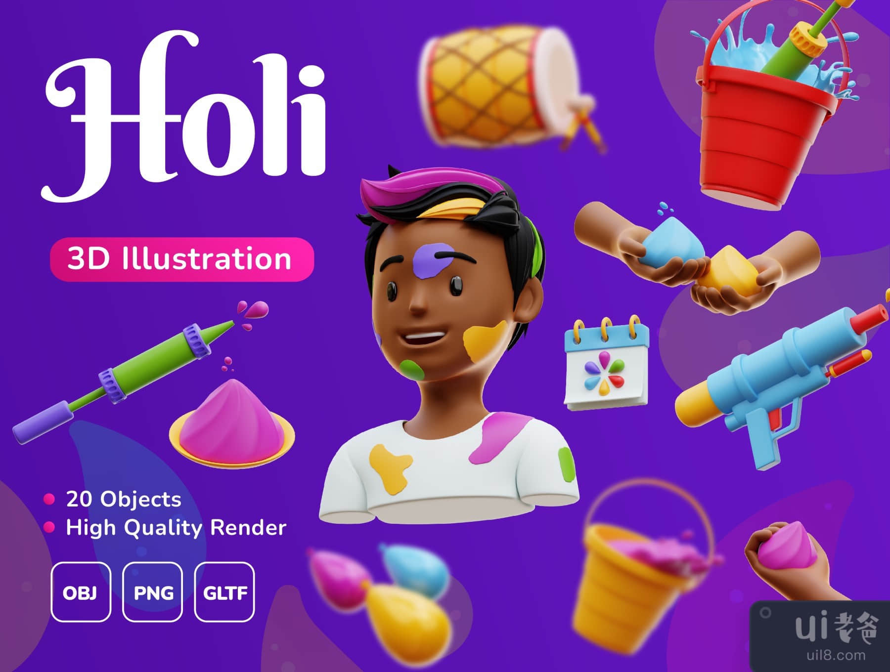 Holi Festival - 3D插图包 (Holi Festival - 3D illustration Pack)插图