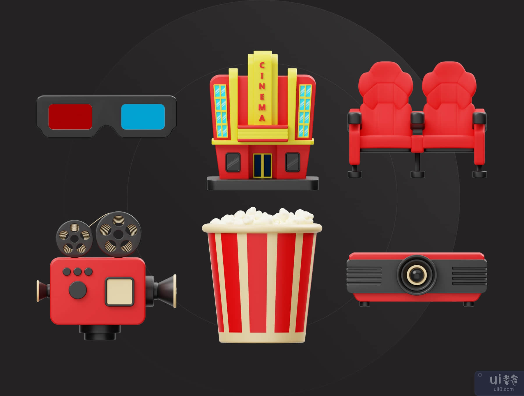 电影院和电影 3D 图标 (Cinema and Movie 3D Icon)插图1