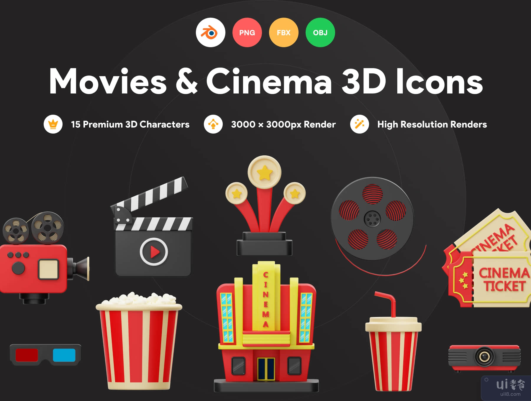 电影院和电影 3D 图标 (Cinema and Movie 3D Icon)插图5