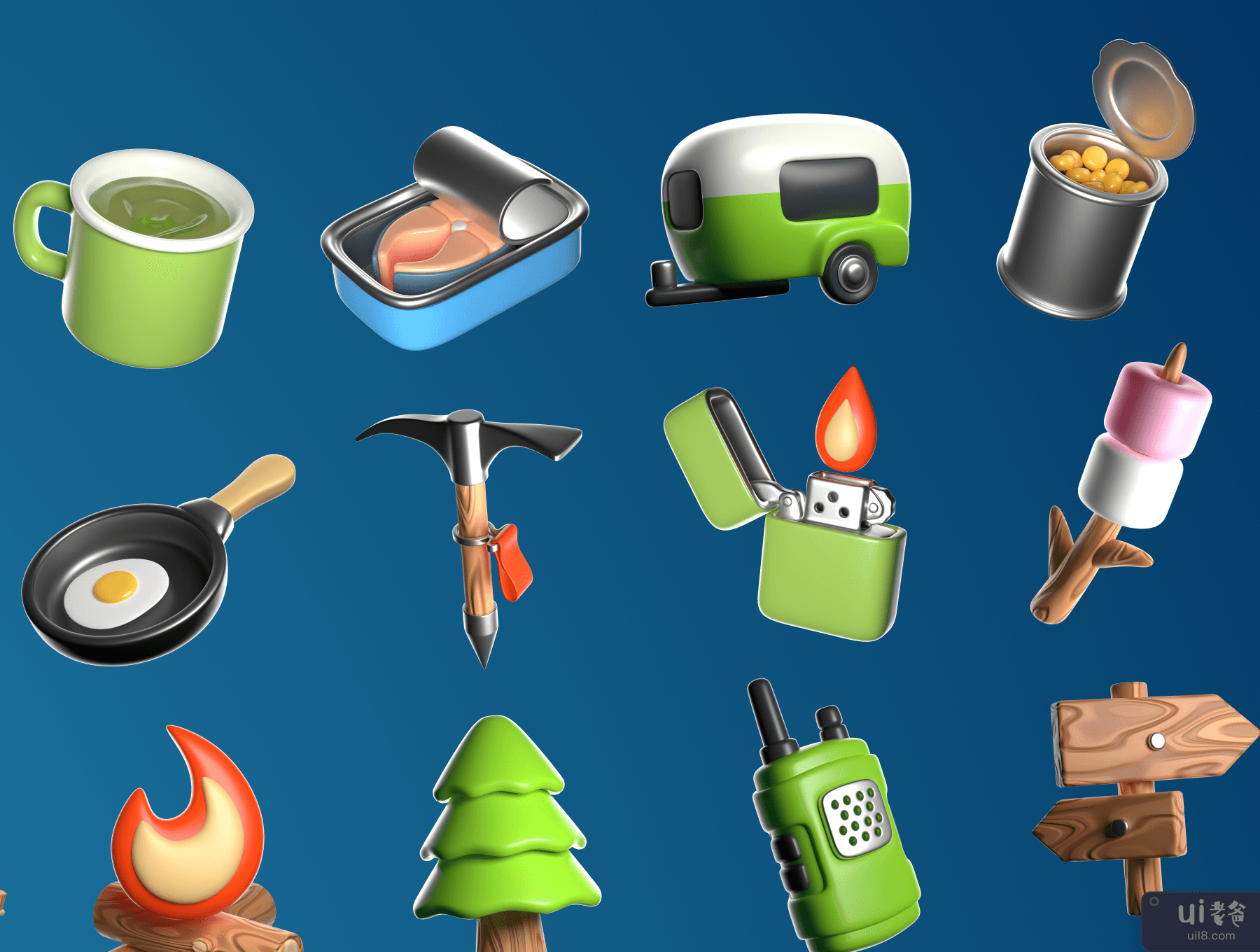 3D 图标集 - 露营和旅行 (3D Icon Set — Camping and Travel)插图