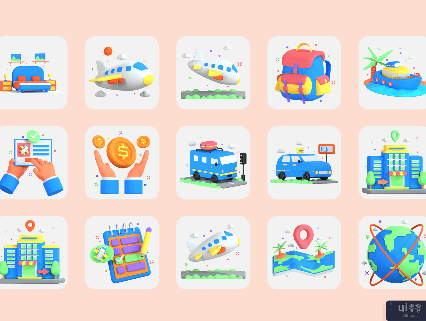 30 个 3D 图标插图：旅行与度假 (30 3D Icons Illustration Travel and Vacation)插图1