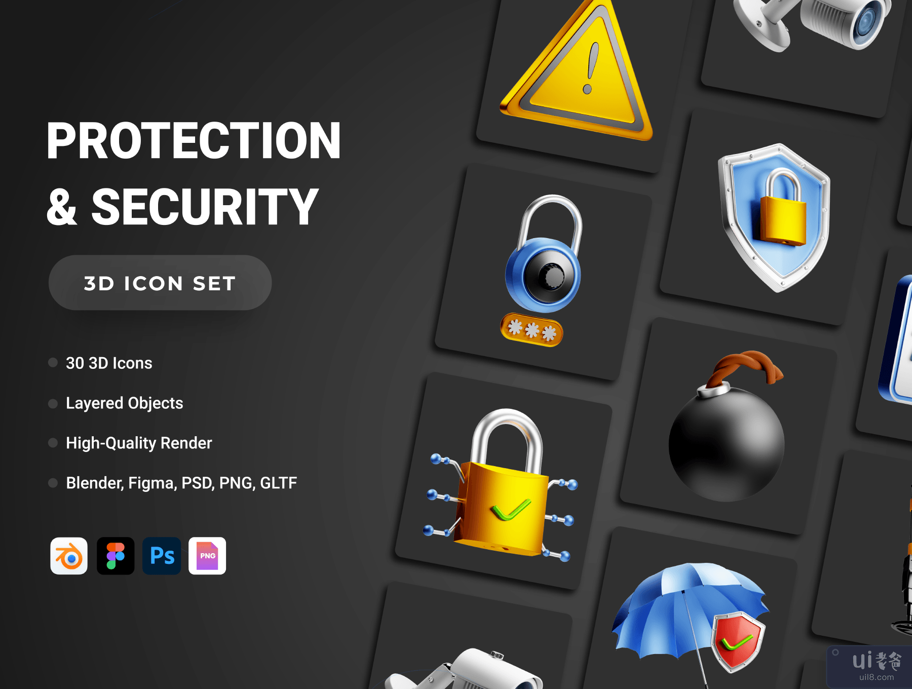30 个 3D 保护和安全图标集 (30 3D Protection and Security Icon Set)插图7