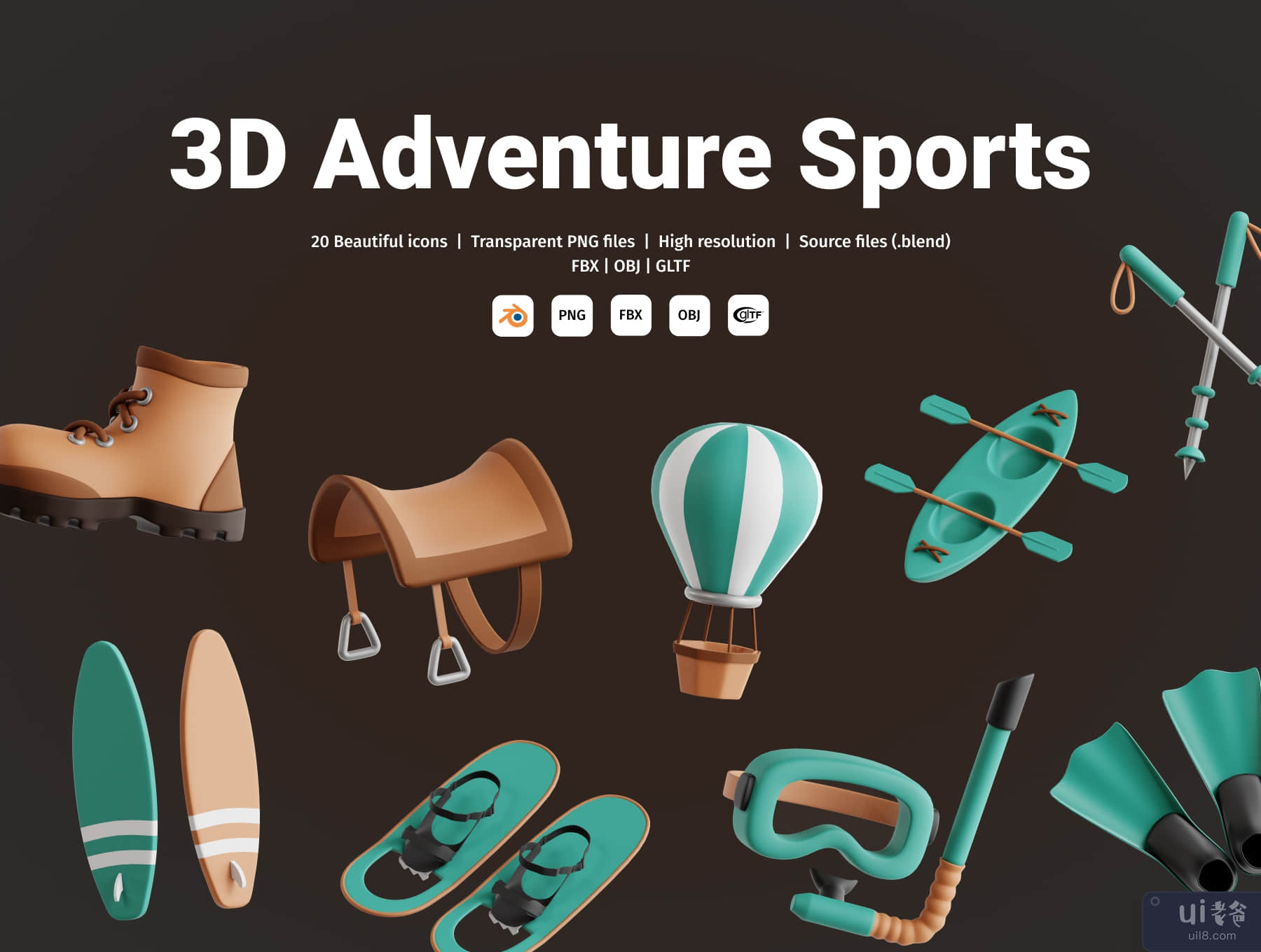 探险运动 3D 图标集 (Adventure Sports 3D Icon Set)插图5