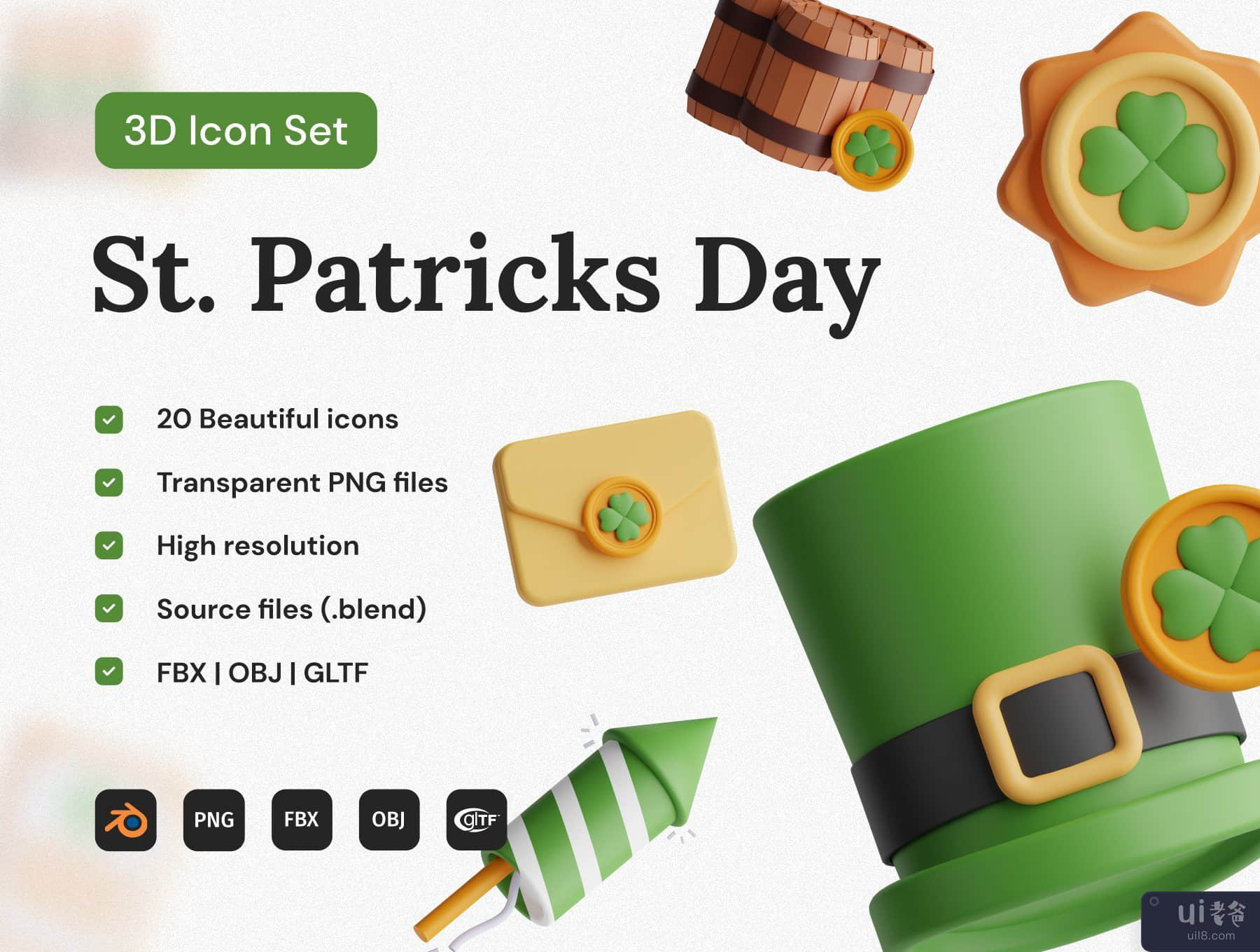 圣帕特里克节 3D 图标集 (St. Patricks Day 3D Icon Set)插图7
