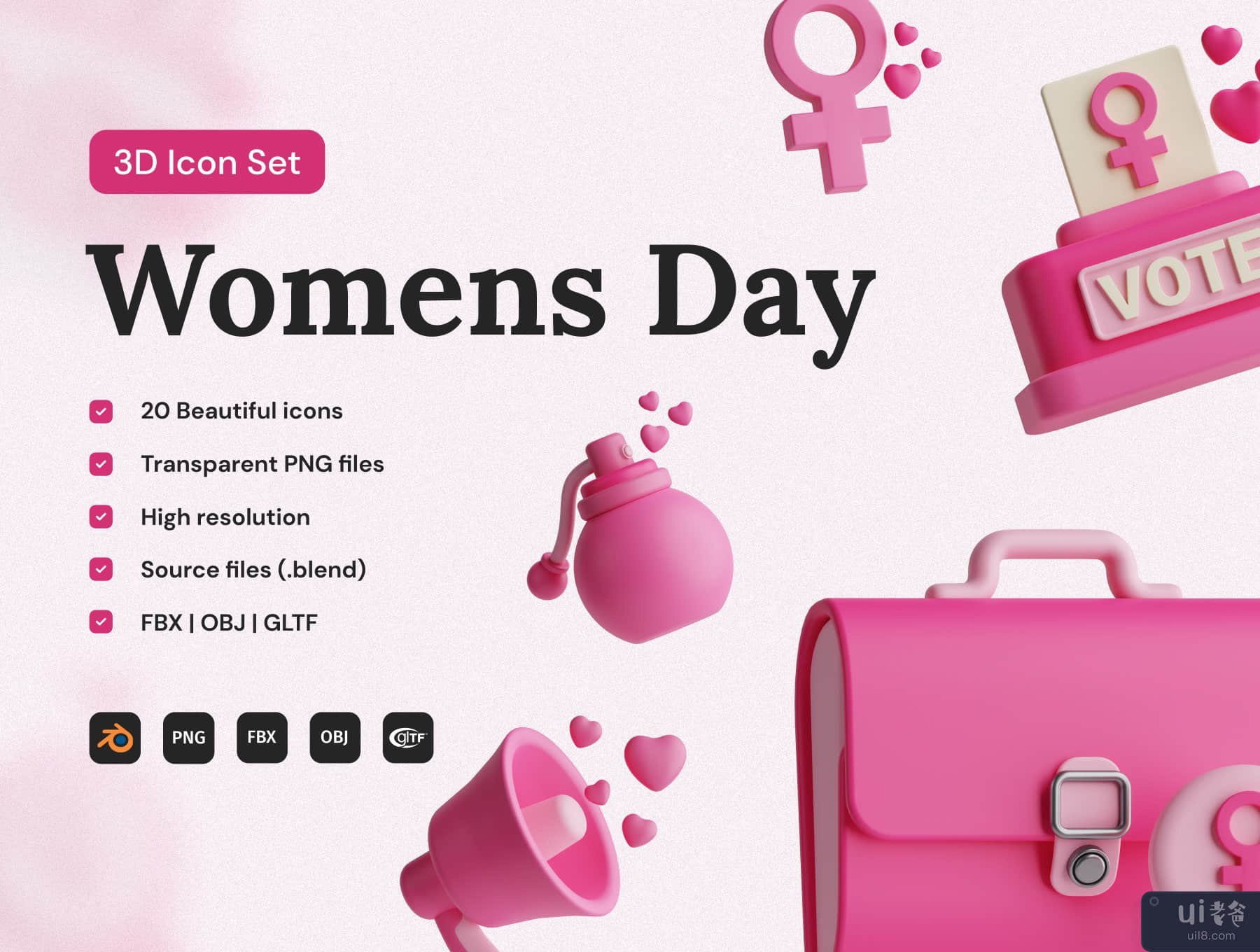 妇女节 3D 图标集 (Women's Day 3D Icon Set)插图7