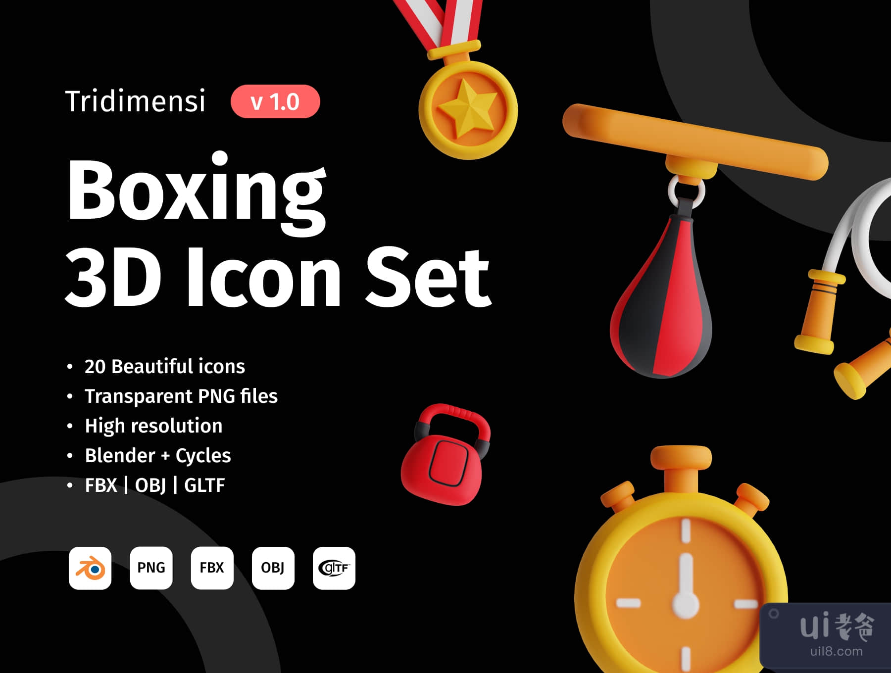3D拳击图标集 (3D Boxing Icon Set)插图