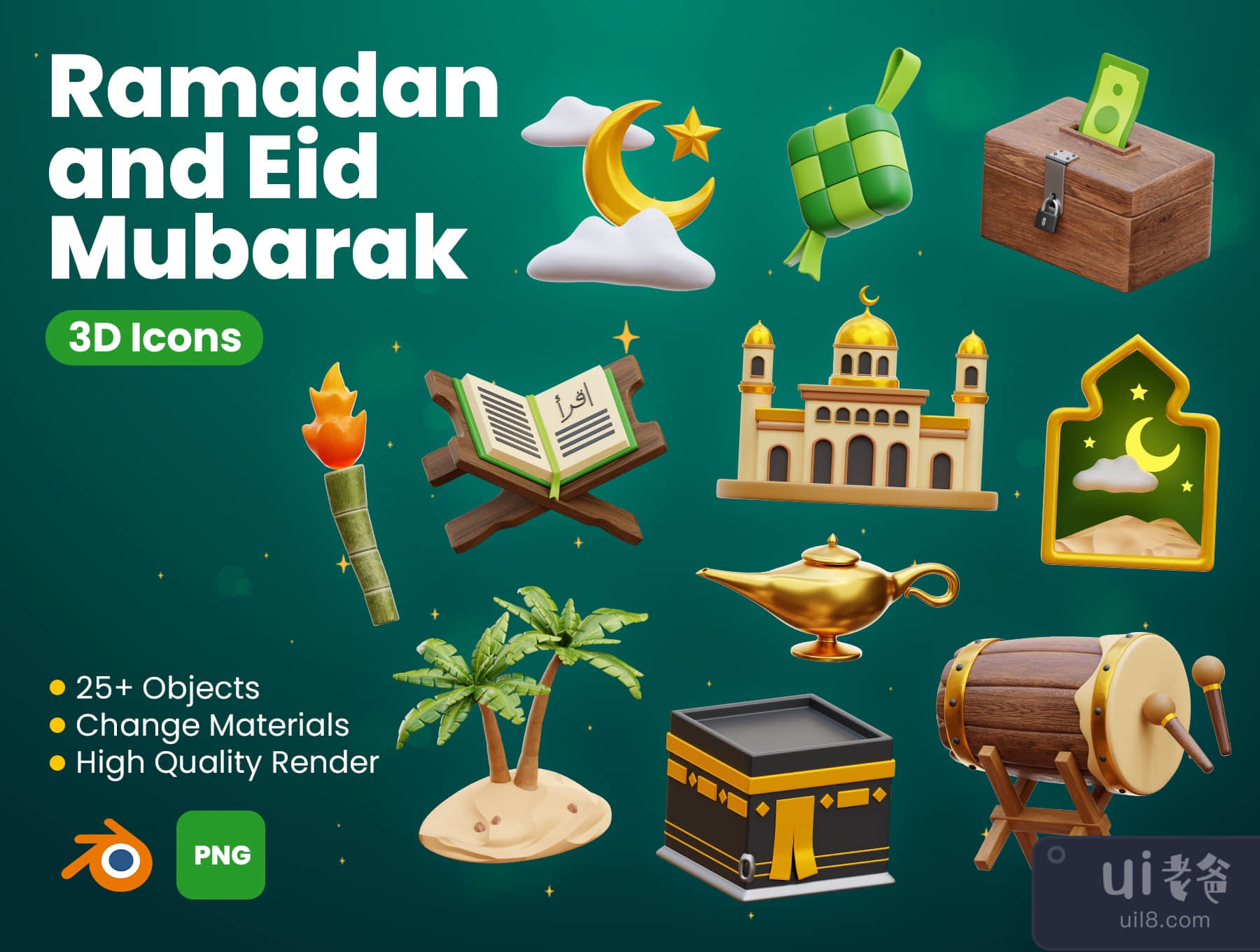 斋月和开斋节3D图标包 (Ramadan and Eid Mubarak 3D Icon Pack)插图2