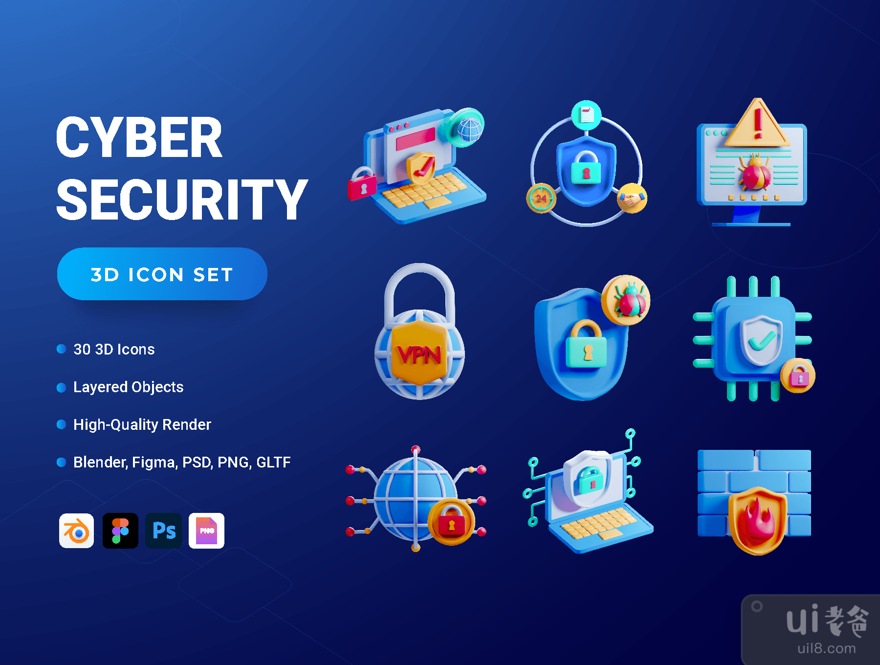 30个3D网络安全图标集 (30 3D Cyber Security Icon Set)插图