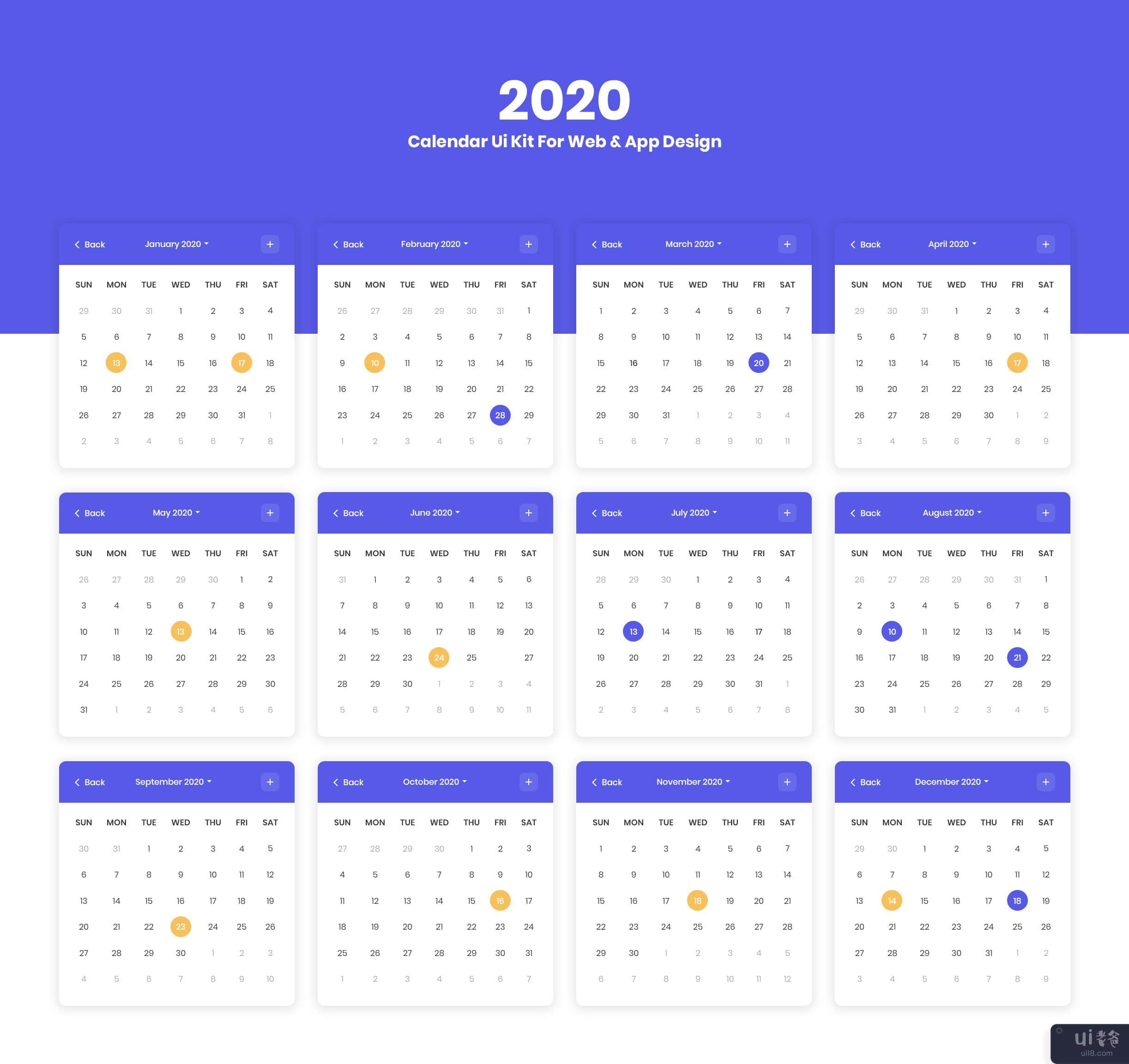 用于 Web 和移动应用程序设计项目的 2020 日历用户界面(2020 calendar ui for web and mobile app design project)插图